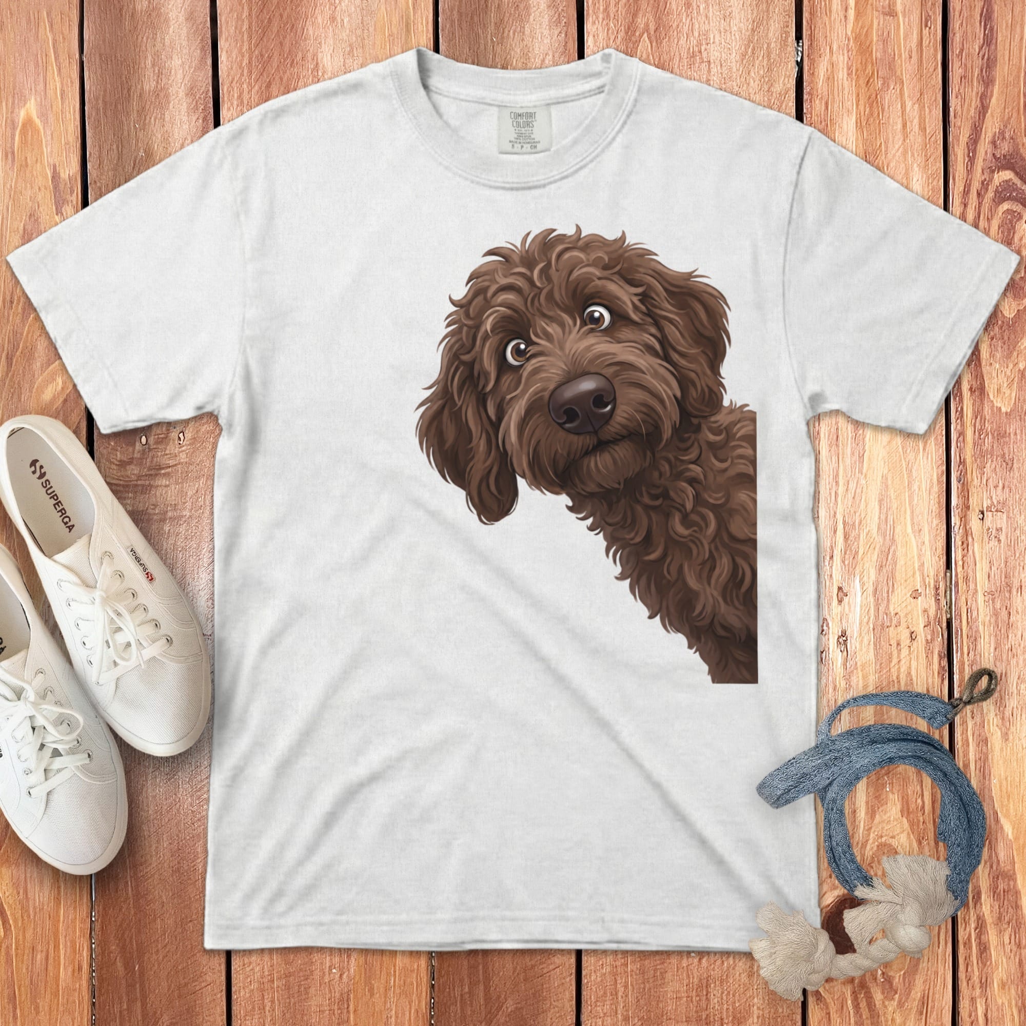 Funny Peeking Chocolate Goldendoodle Signature T-Shirt in White / S by Puppy Jo