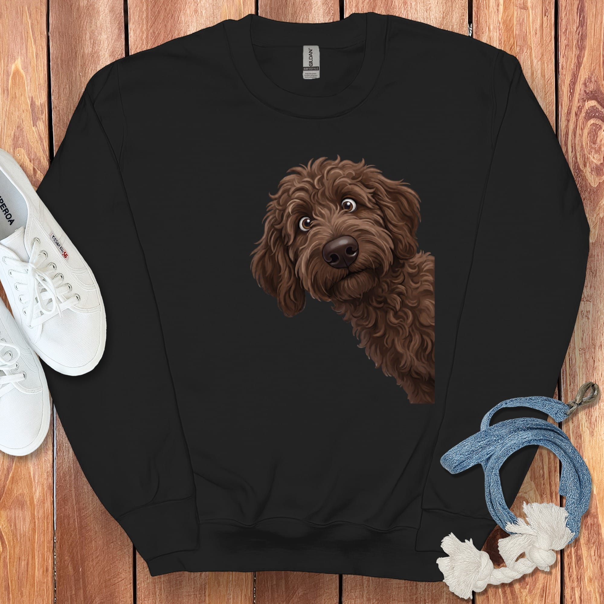 Funny Peeking Chocolate Goldendoodle Sweatshirt in Black / S by Puppy Jo