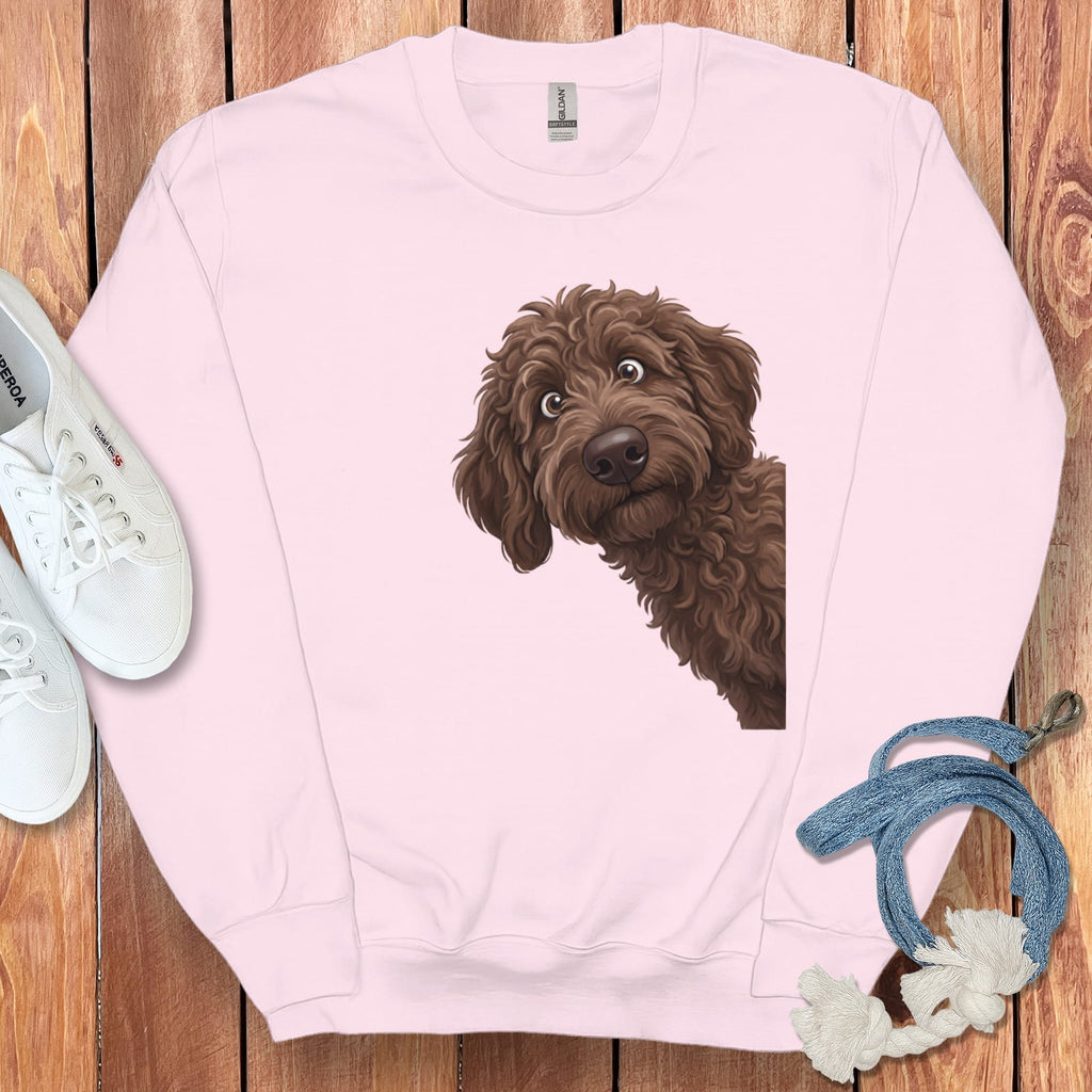 Funny Peeking Chocolate Goldendoodle Sweatshirt in Light Pink / S by Puppy Jo