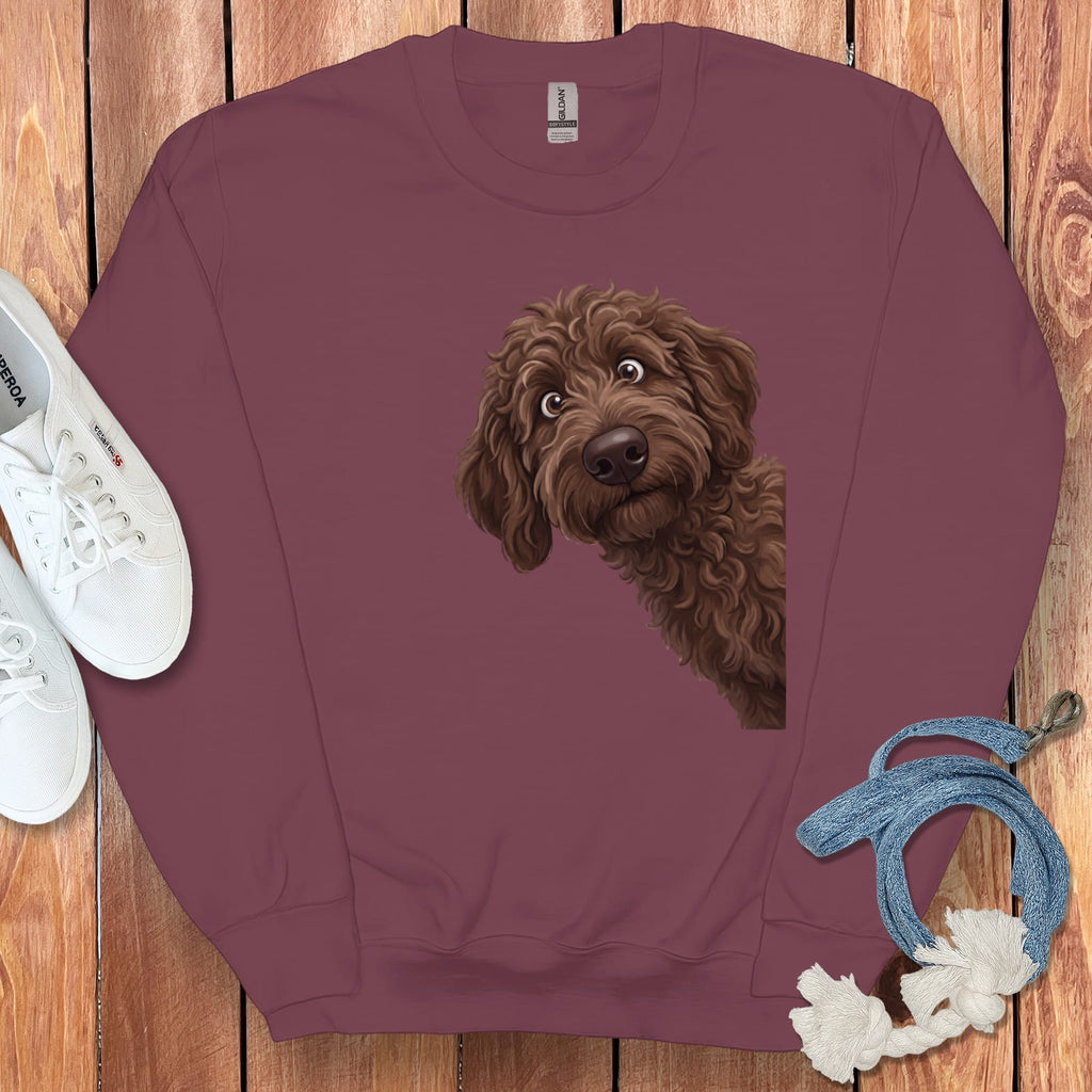 Funny Peeking Chocolate Goldendoodle Sweatshirt in Maroon / S by Puppy Jo