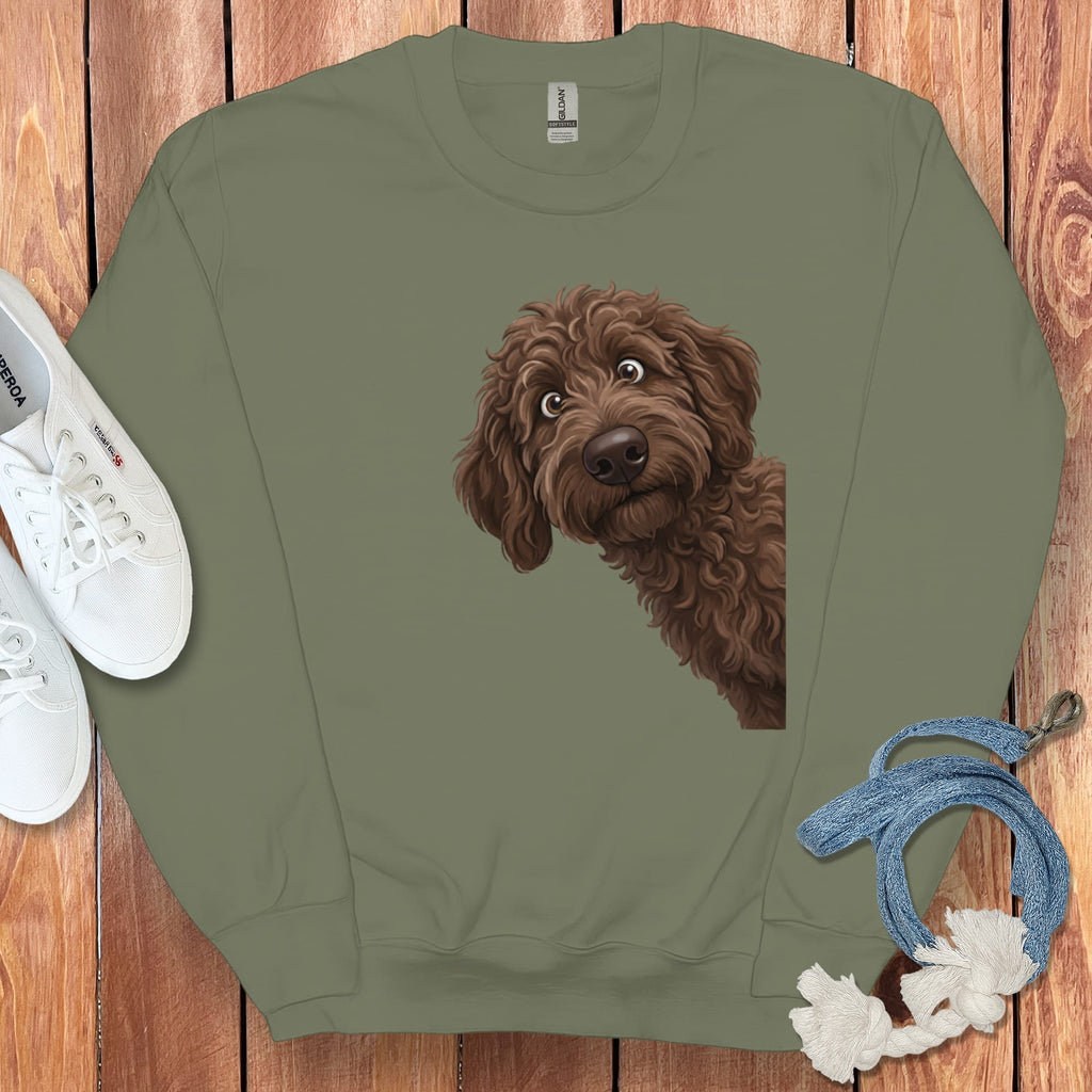 Funny Peeking Chocolate Goldendoodle Sweatshirt in Military Green / S by Puppy Jo