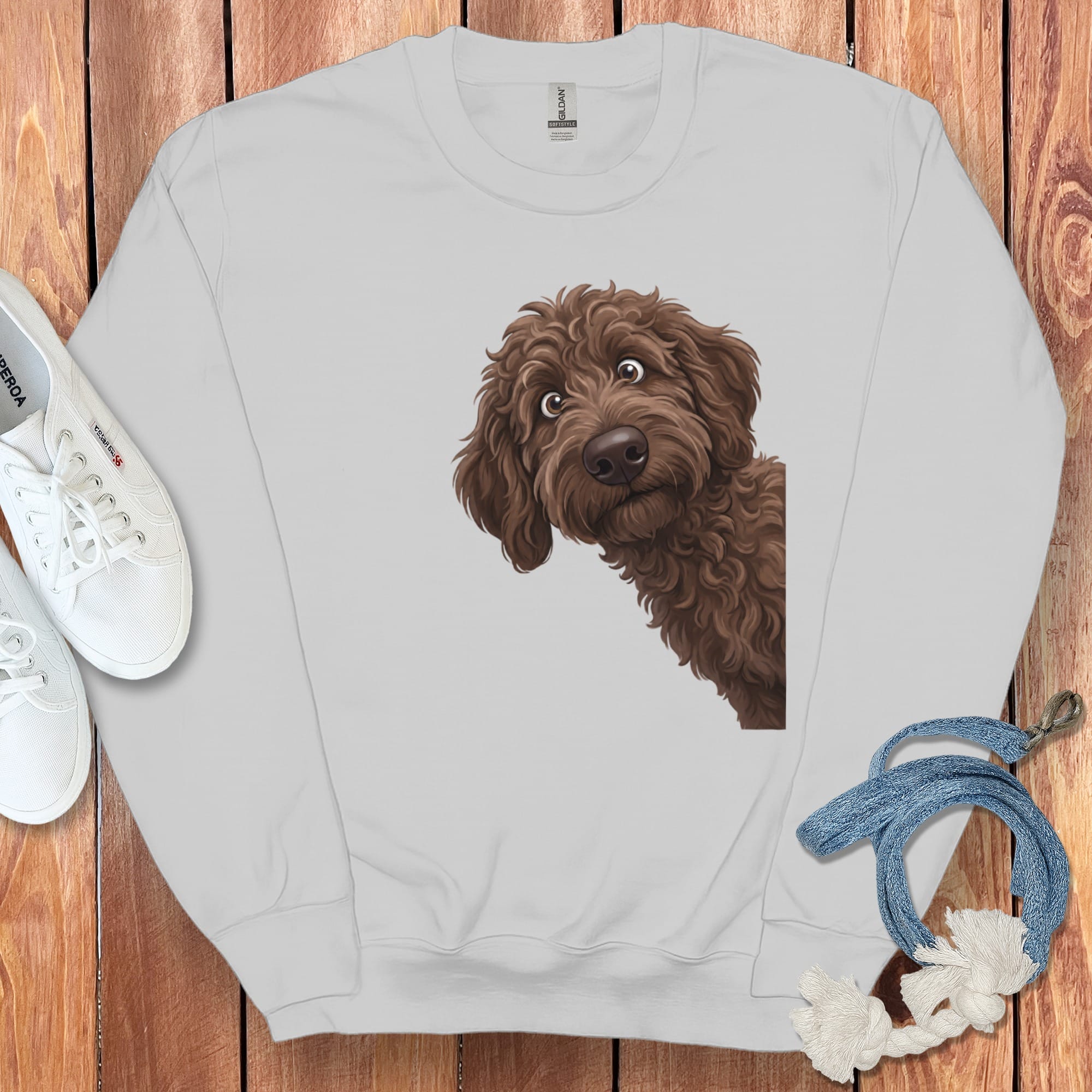 Funny Peeking Chocolate Goldendoodle Sweatshirt in by Puppy Jo