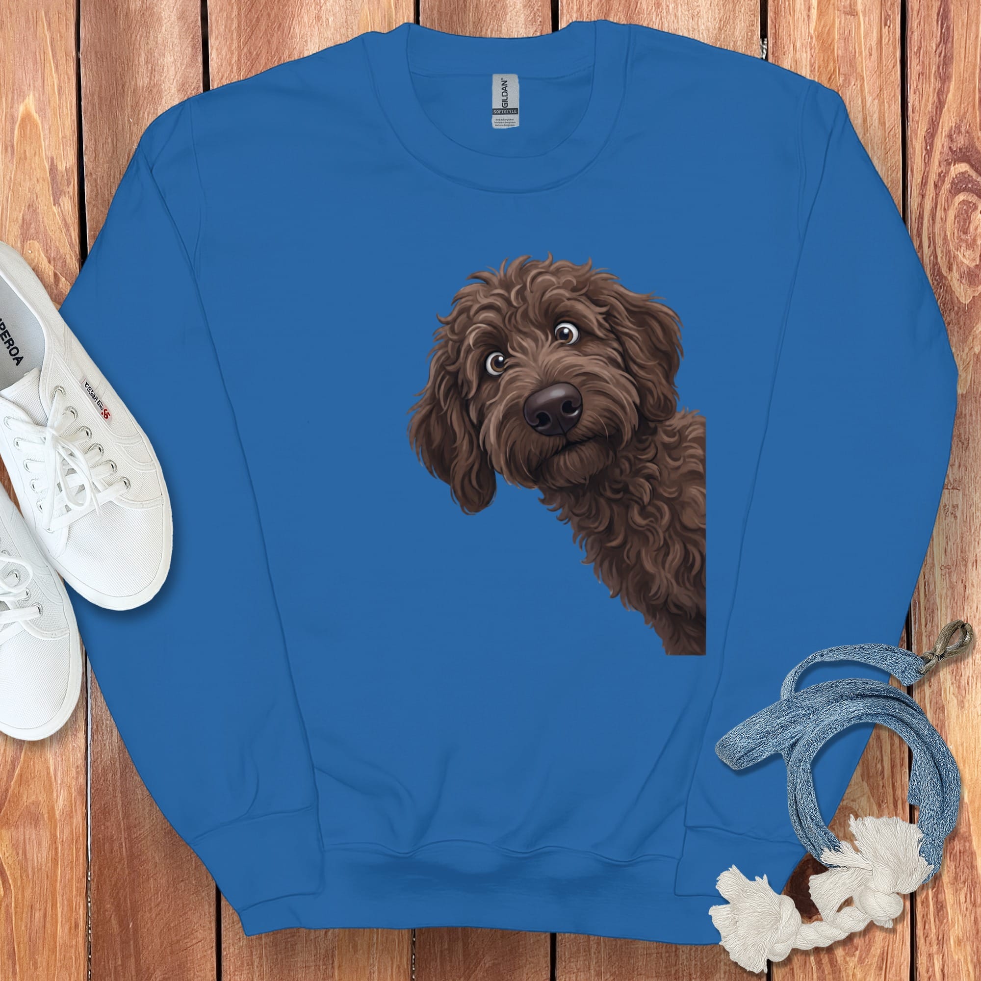 Funny Peeking Chocolate Goldendoodle Sweatshirt in Royal / S by Puppy Jo