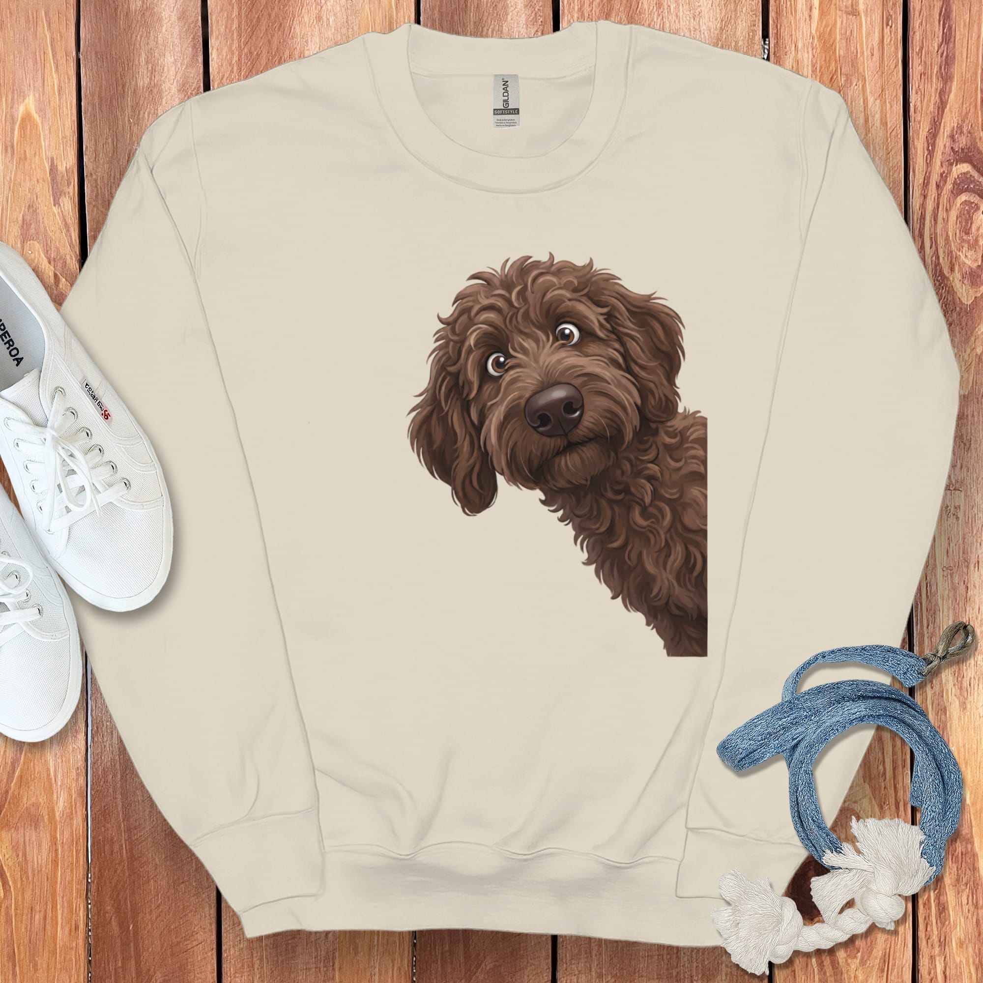 Funny Peeking Chocolate Goldendoodle Sweatshirt in Sand / S by Puppy Jo