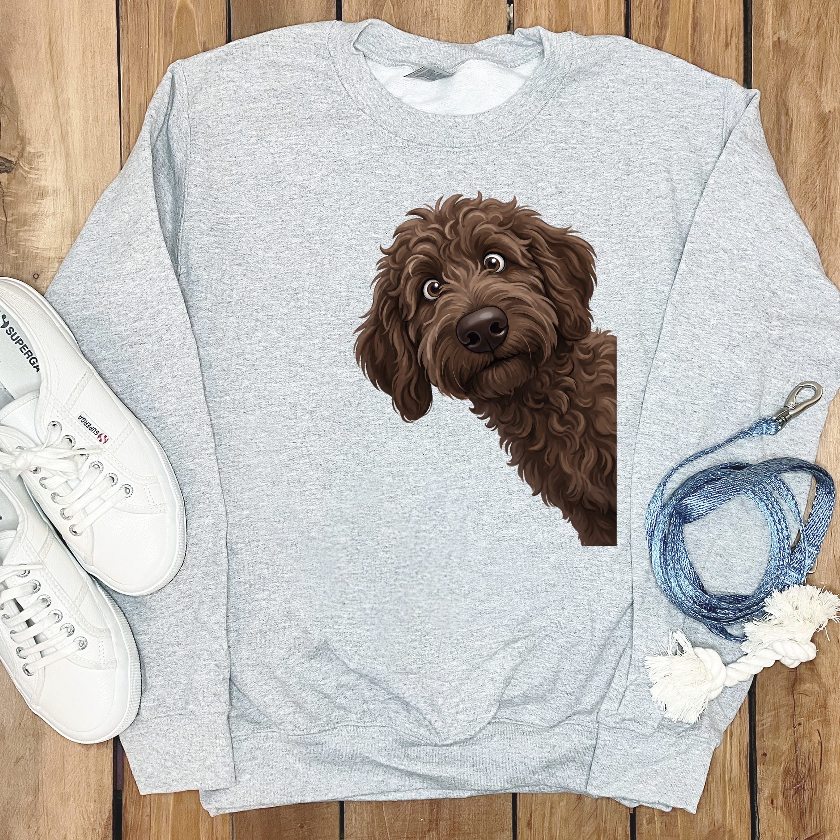 Funny Peeking Chocolate Goldendoodle Sweatshirt in Sport Grey / S by Puppy Jo
