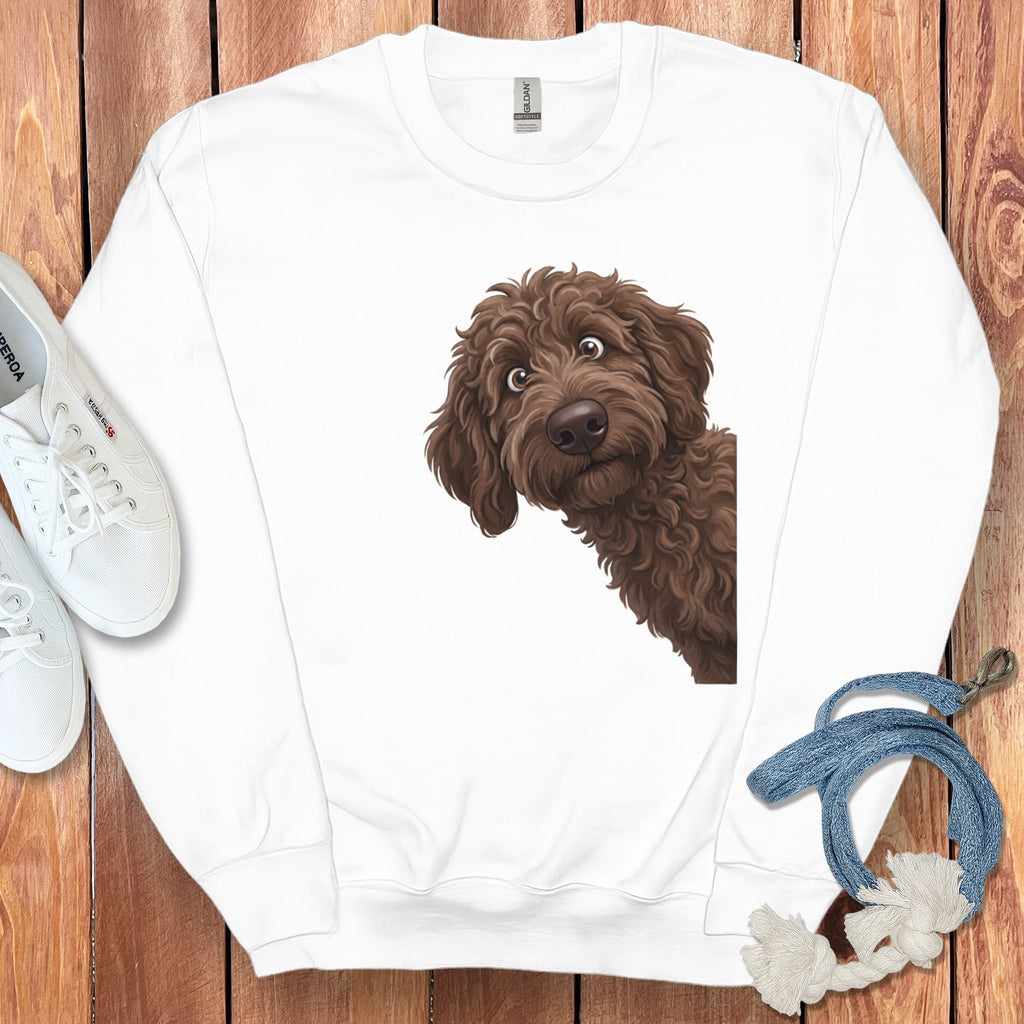 Funny Peeking Chocolate Goldendoodle Sweatshirt in White / S by Puppy Jo