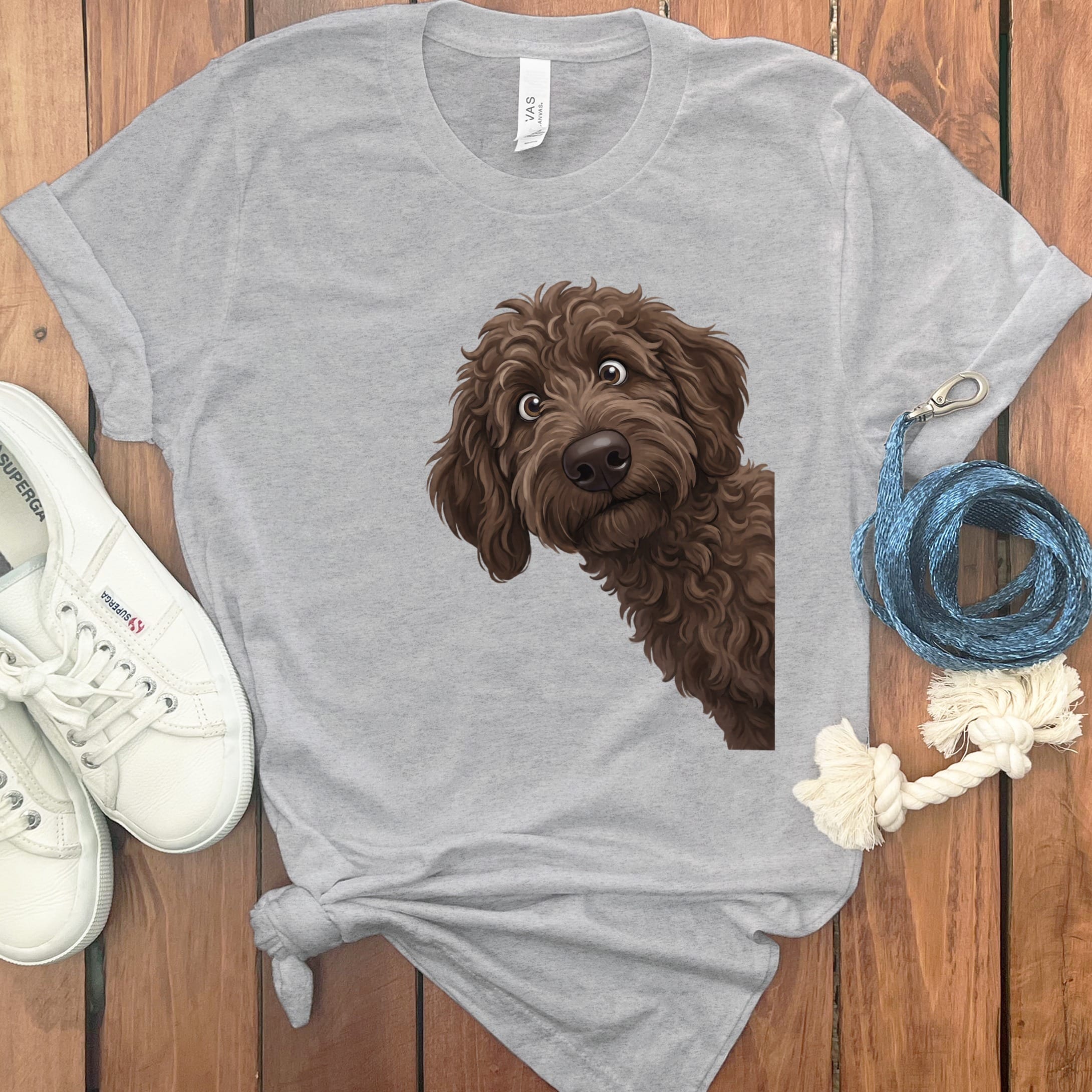 Funny Peeking Chocolate Goldendoodle T-Shirt in Athletic Heather / S by Puppy Jo