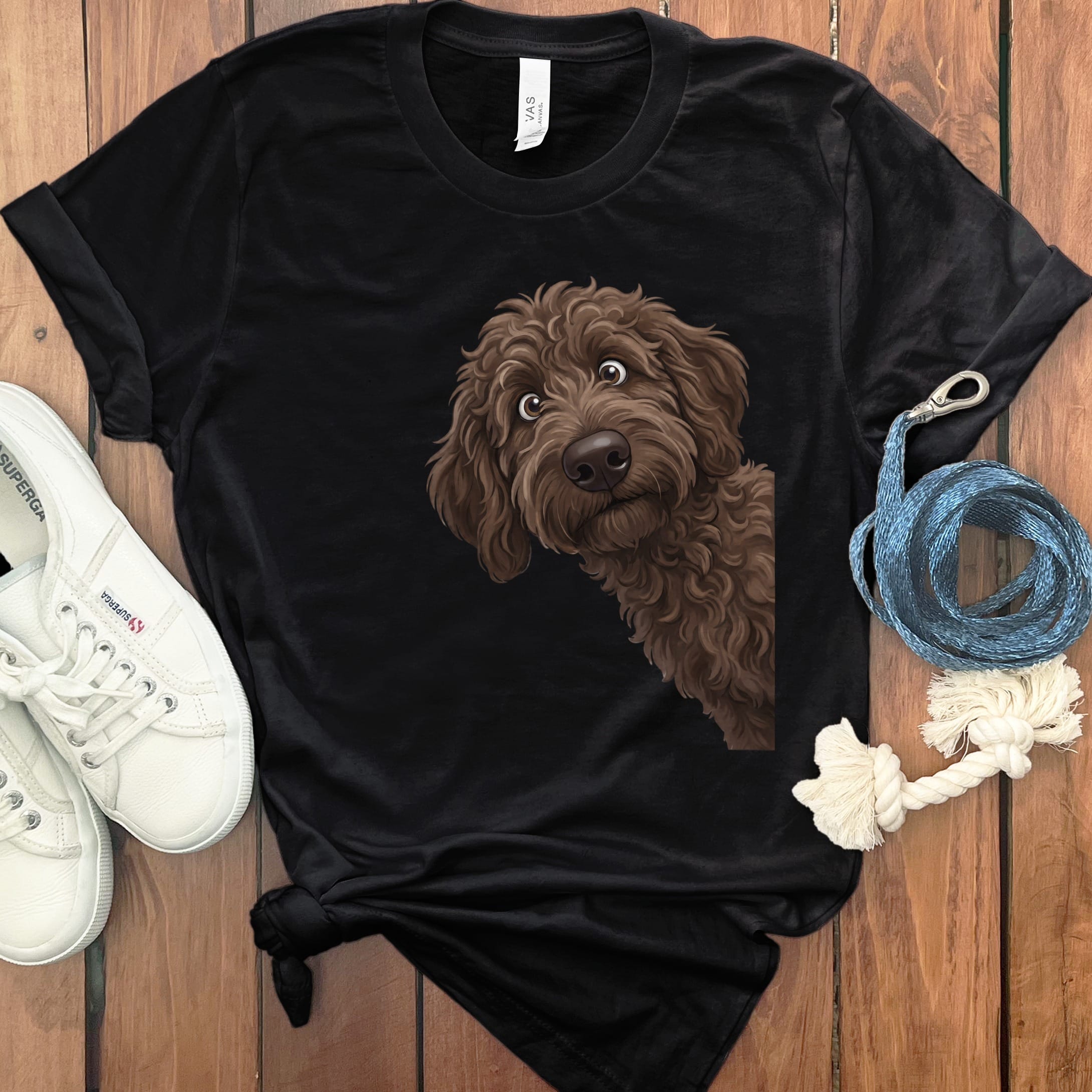 Funny Peeking Chocolate Goldendoodle T-Shirt in Black / S by Puppy Jo