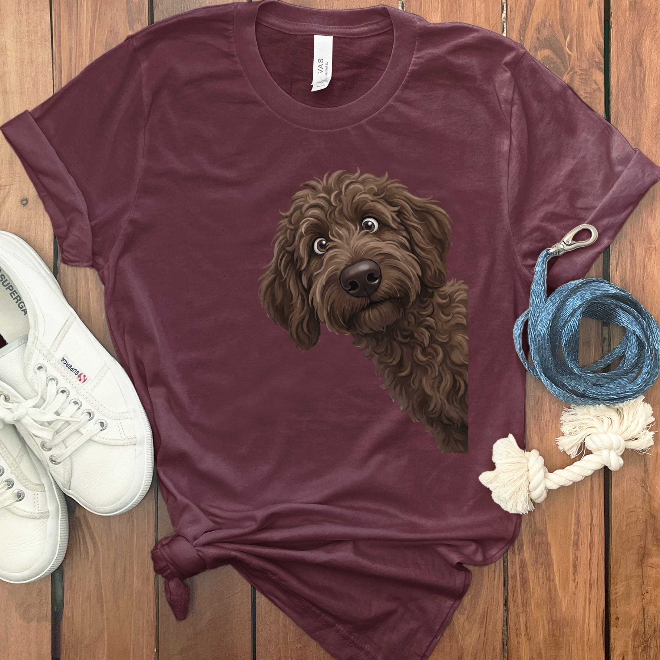 Funny Peeking Chocolate Goldendoodle T-Shirt in Maroon / S by Puppy Jo