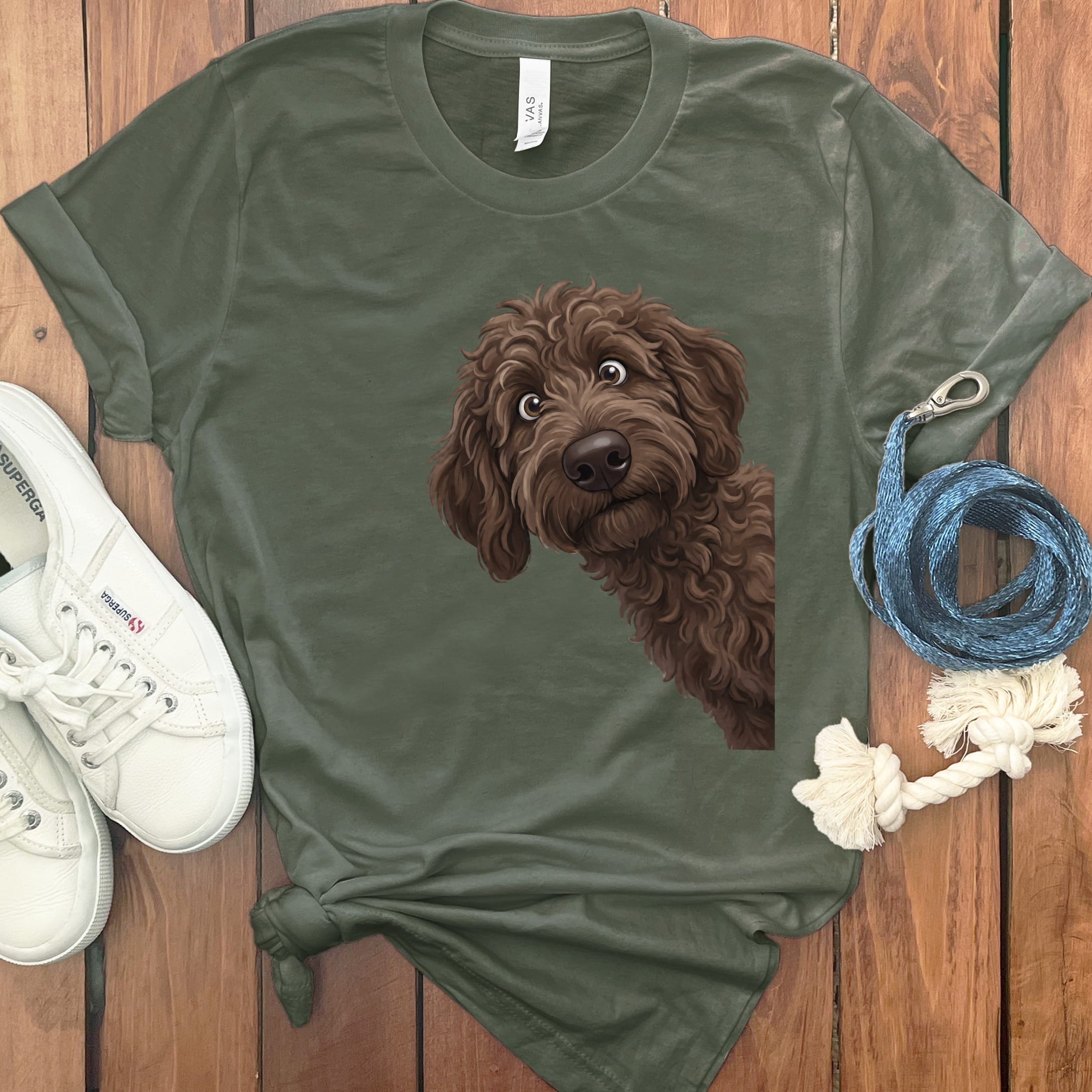 Funny Peeking Chocolate Goldendoodle T-Shirt in Military Green / S by Puppy Jo