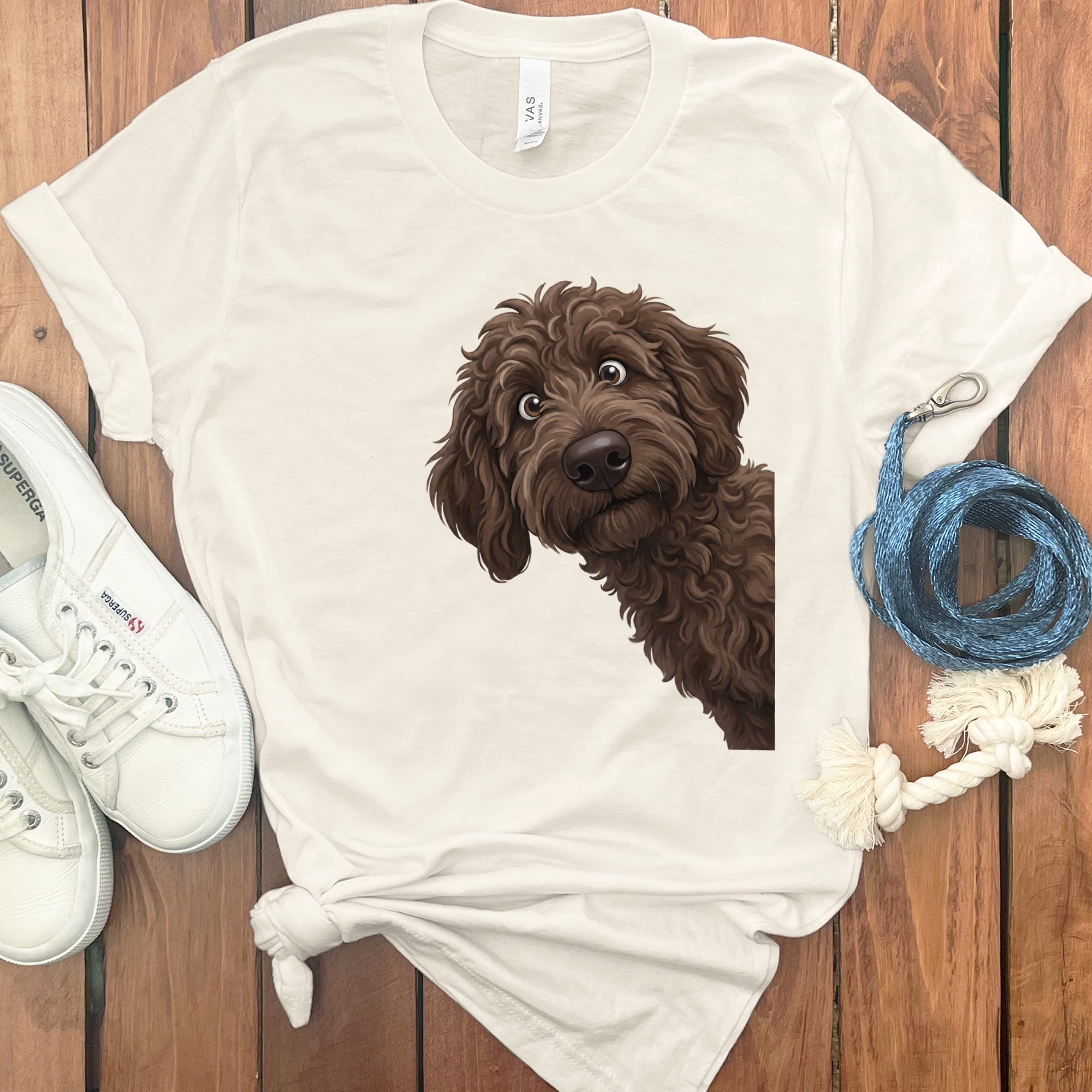 Funny Peeking Chocolate Goldendoodle T-Shirt in Natural / S by Puppy Jo