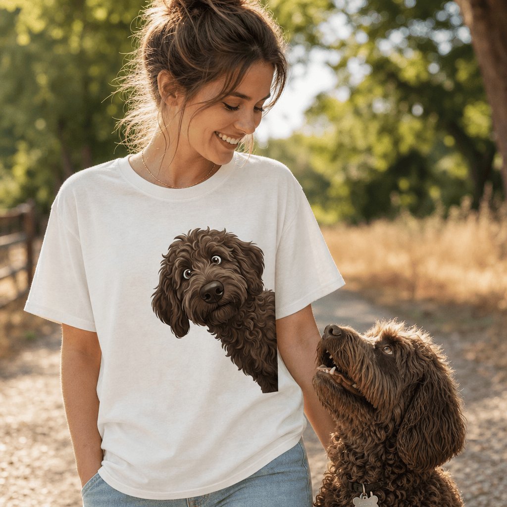 Funny Peeking Chocolate Goldendoodle T-Shirt in by Puppy Jo