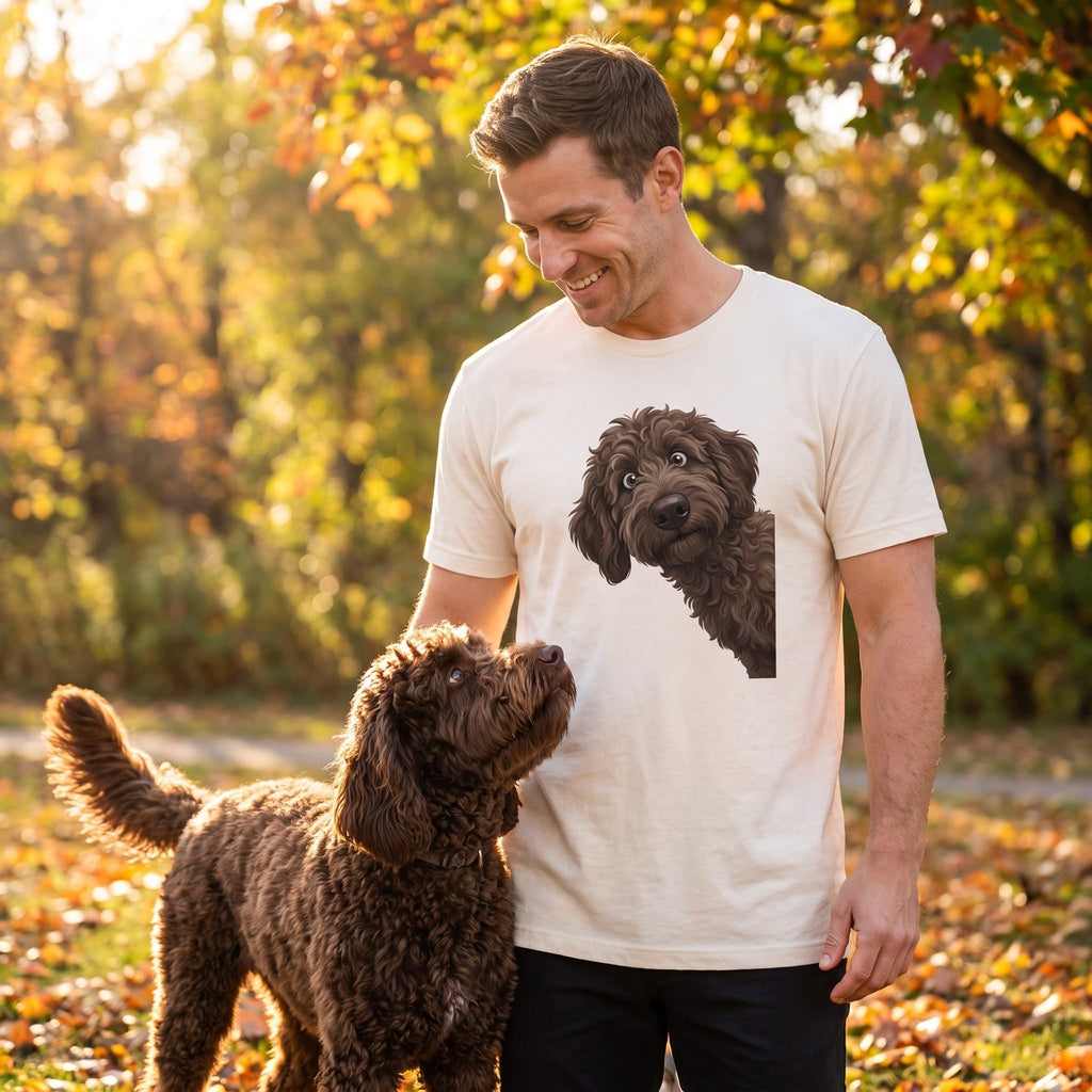 Funny Peeking Chocolate Goldendoodle T-Shirt in by Puppy Jo