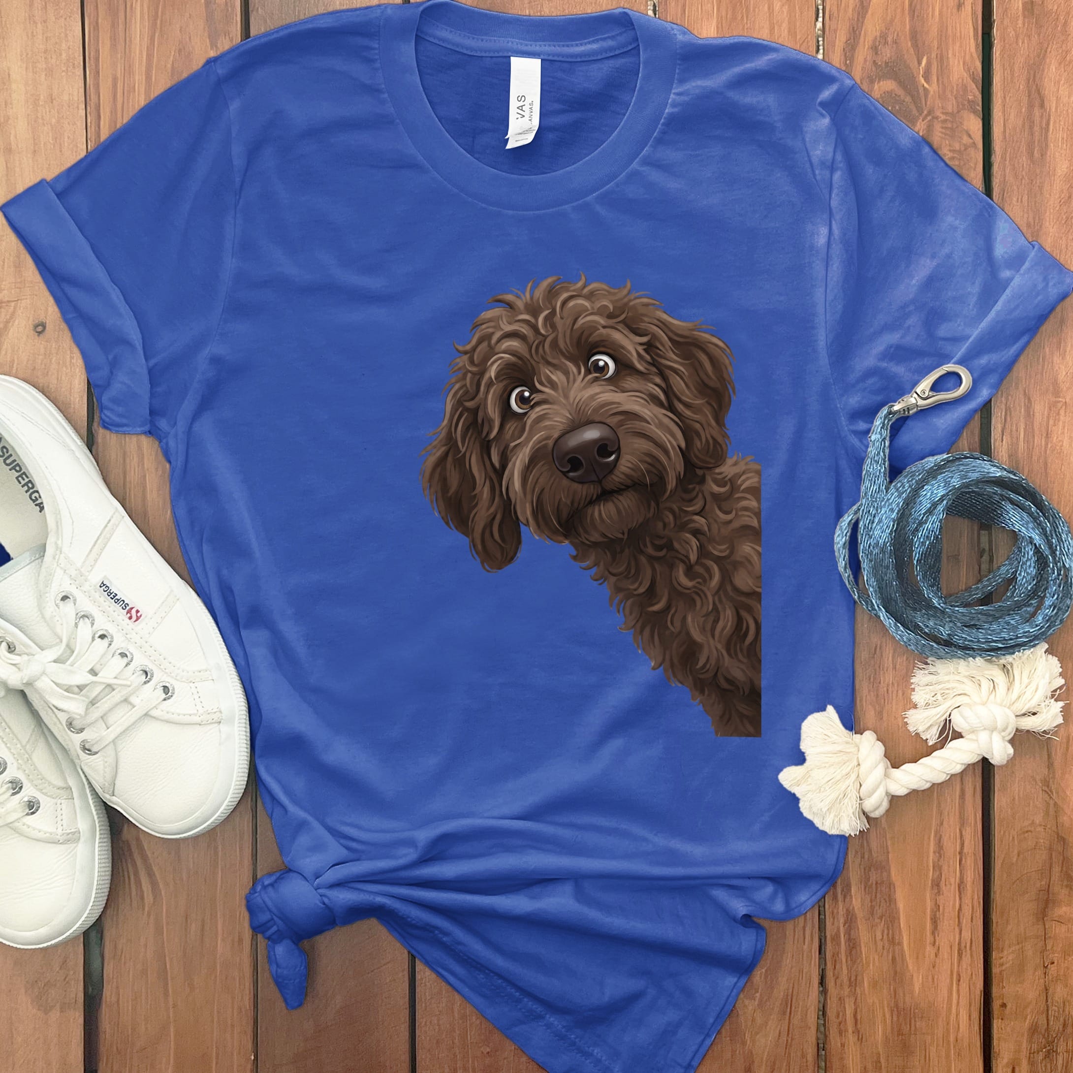 Funny Peeking Chocolate Goldendoodle T-Shirt in True Royal / S by Puppy Jo