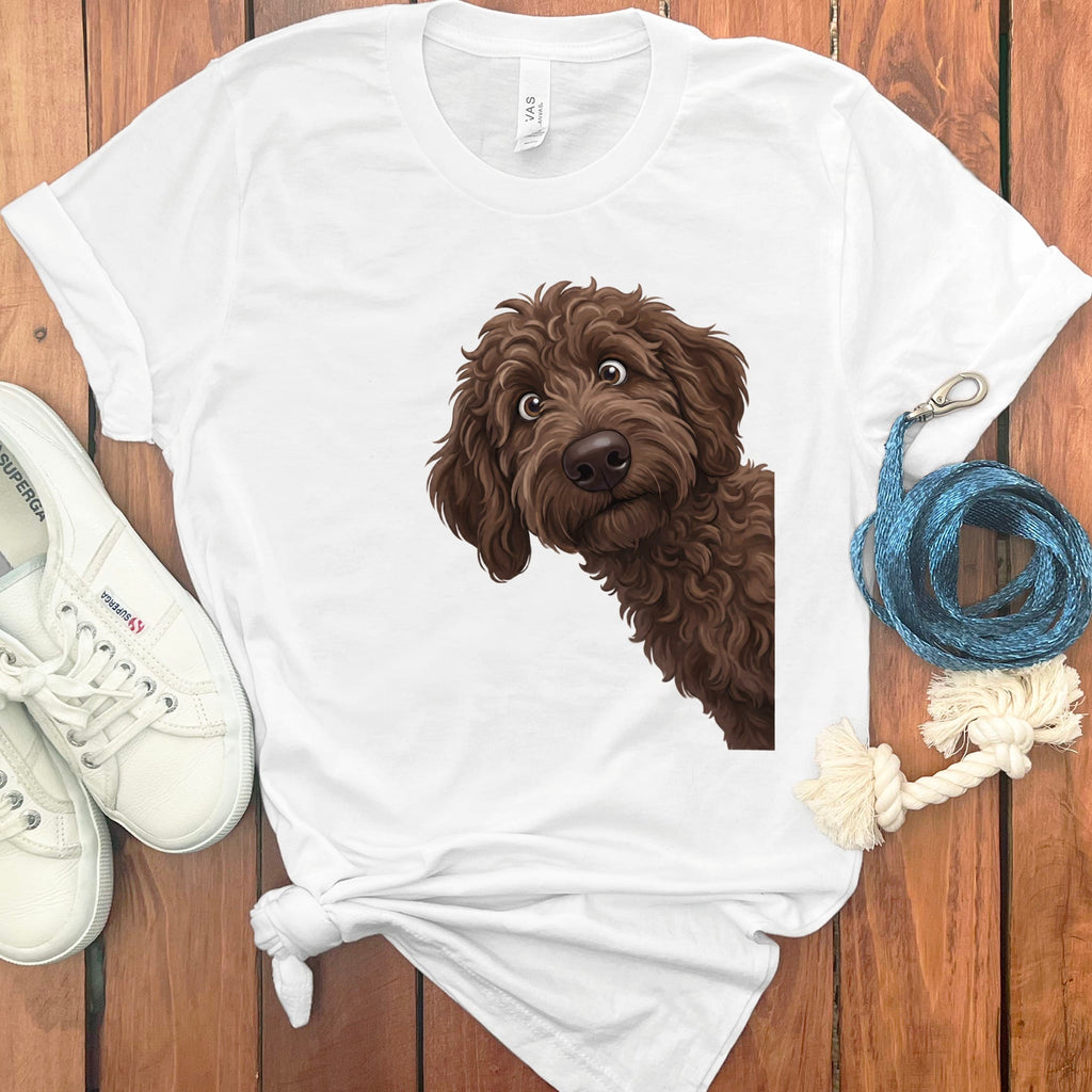Funny Peeking Chocolate Goldendoodle T-Shirt in White / S by Puppy Jo