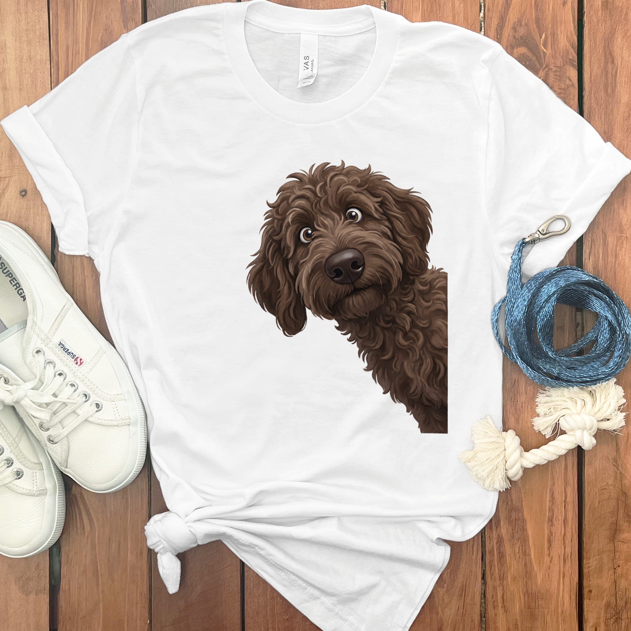 Funny Peeking Chocolate Goldendoodle T-Shirt in White / S by Puppy Jo
