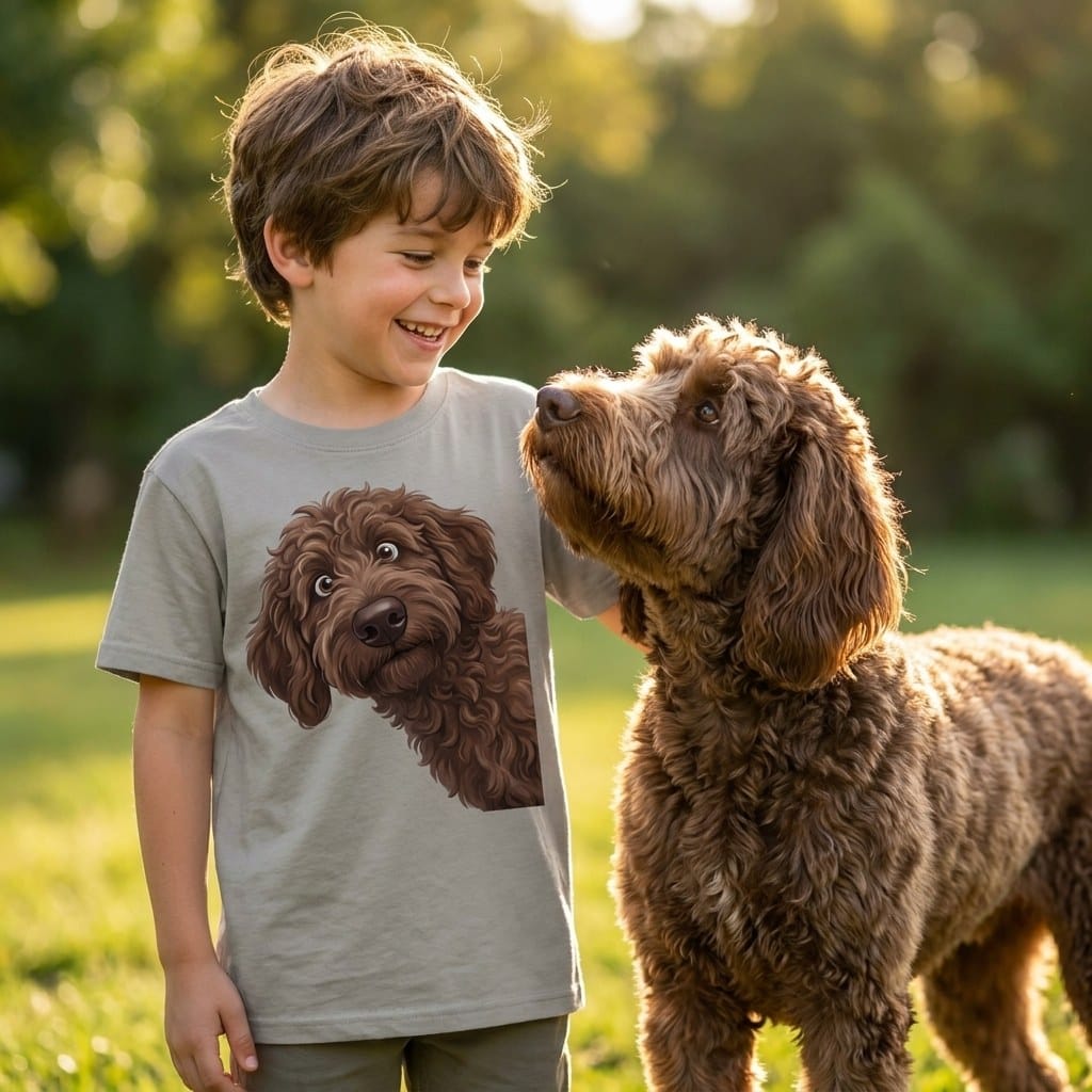 Funny Peeking Chocolate Goldendoodle Youth T-Shirt in by Puppy Jo