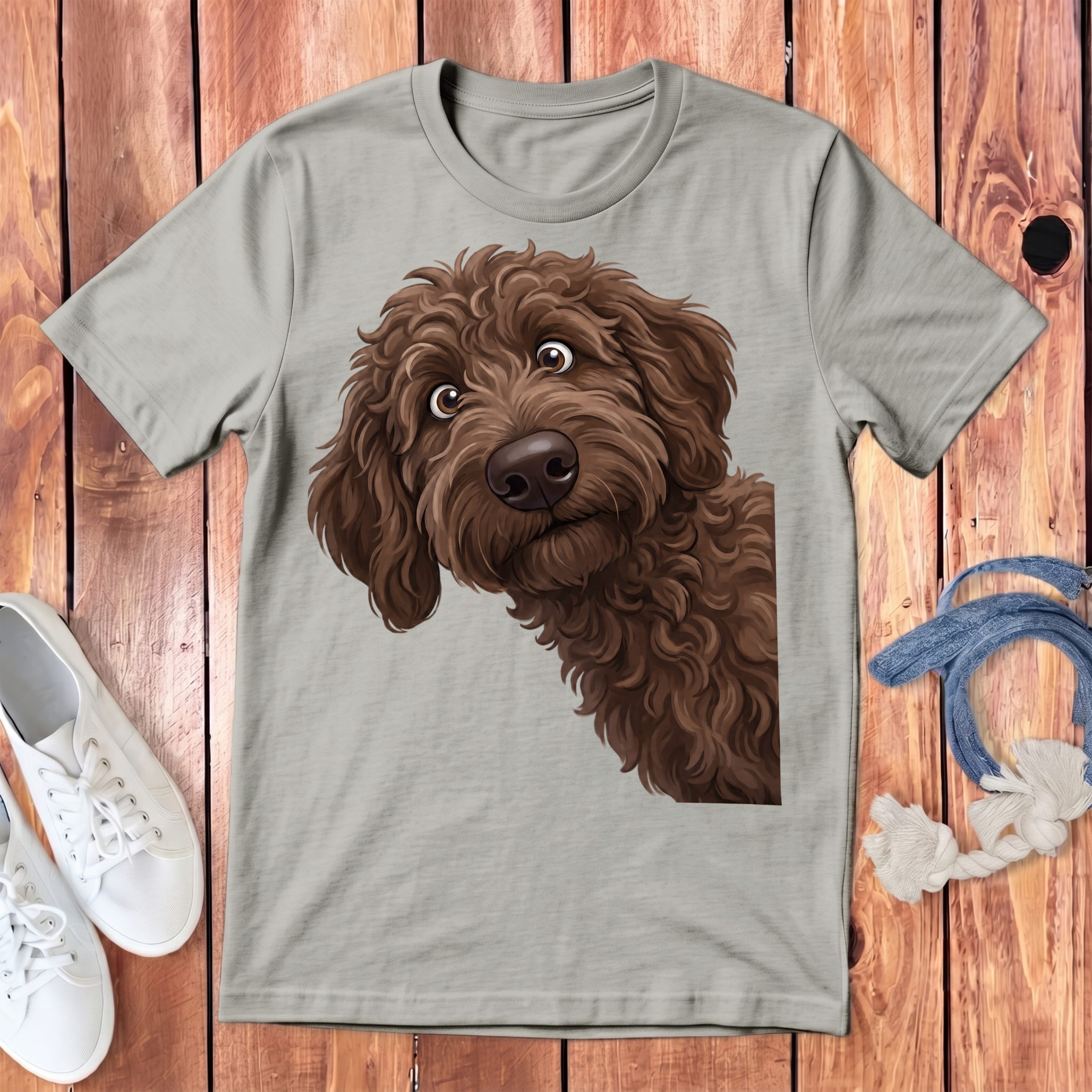Funny Peeking Chocolate Goldendoodle Youth T-Shirt in S / Athletic Heather by Puppy Jo
