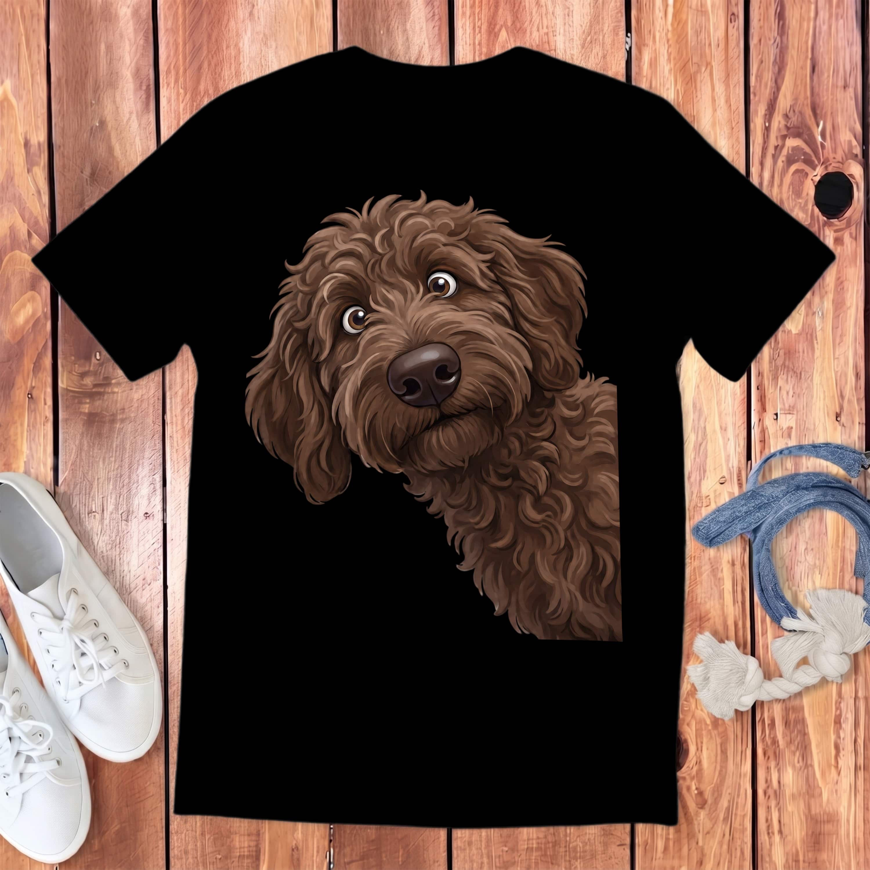 Funny Peeking Chocolate Goldendoodle Youth T-Shirt in S / Black by Puppy Jo