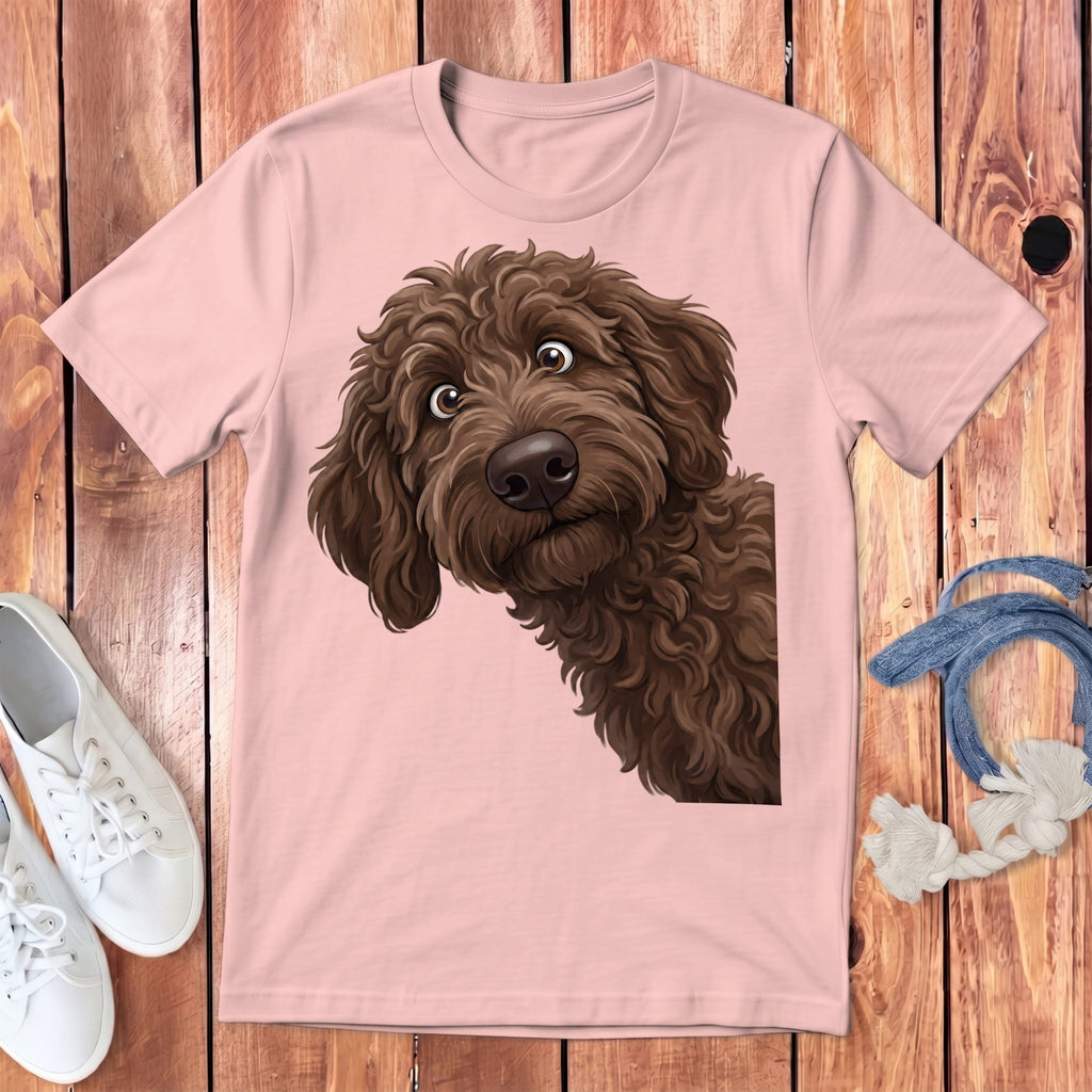 Funny Peeking Chocolate Goldendoodle Youth T-Shirt in S / Pink by Puppy Jo