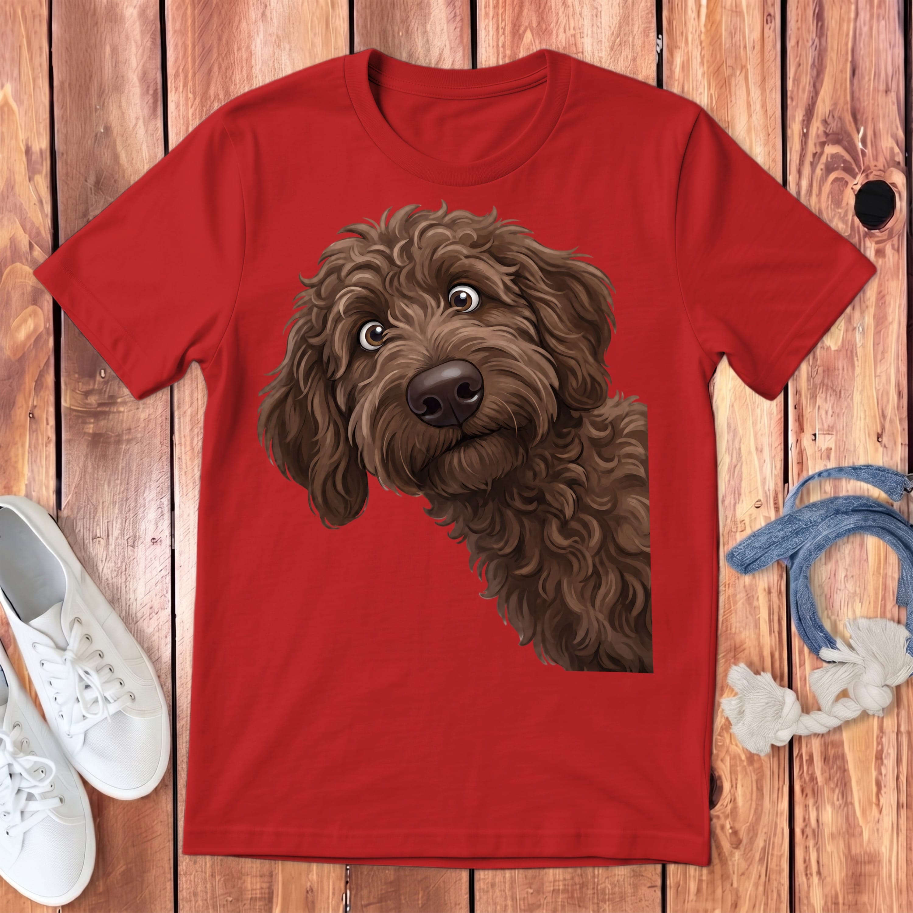 Funny Peeking Chocolate Goldendoodle Youth T-Shirt in S / Red by Puppy Jo