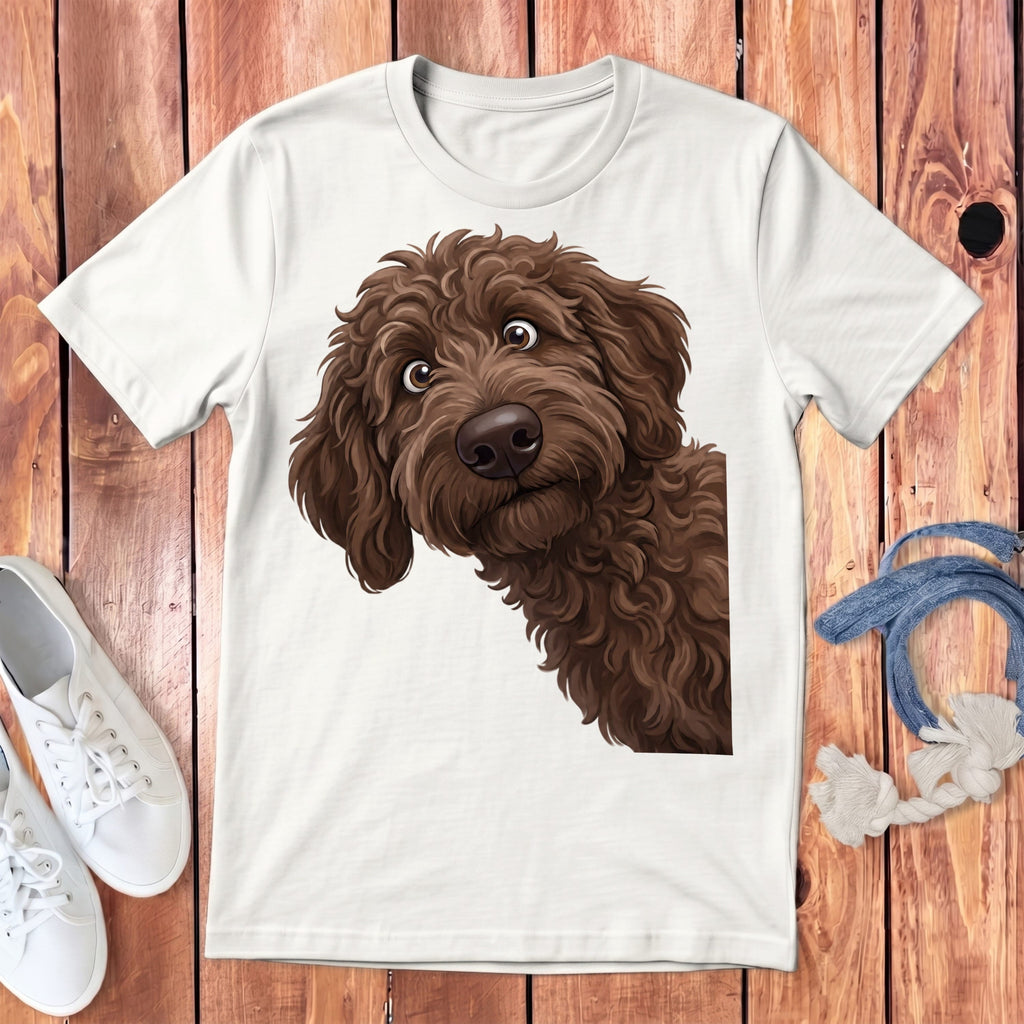 Funny Peeking Chocolate Goldendoodle Youth T-Shirt in S / White by Puppy Jo
