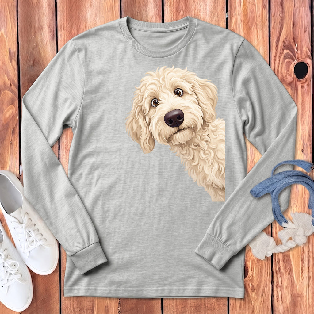 Funny Peeking Cream Goldendoodle Long Sleeve T-Shirt in Athletic Heather / S by Puppy Jo