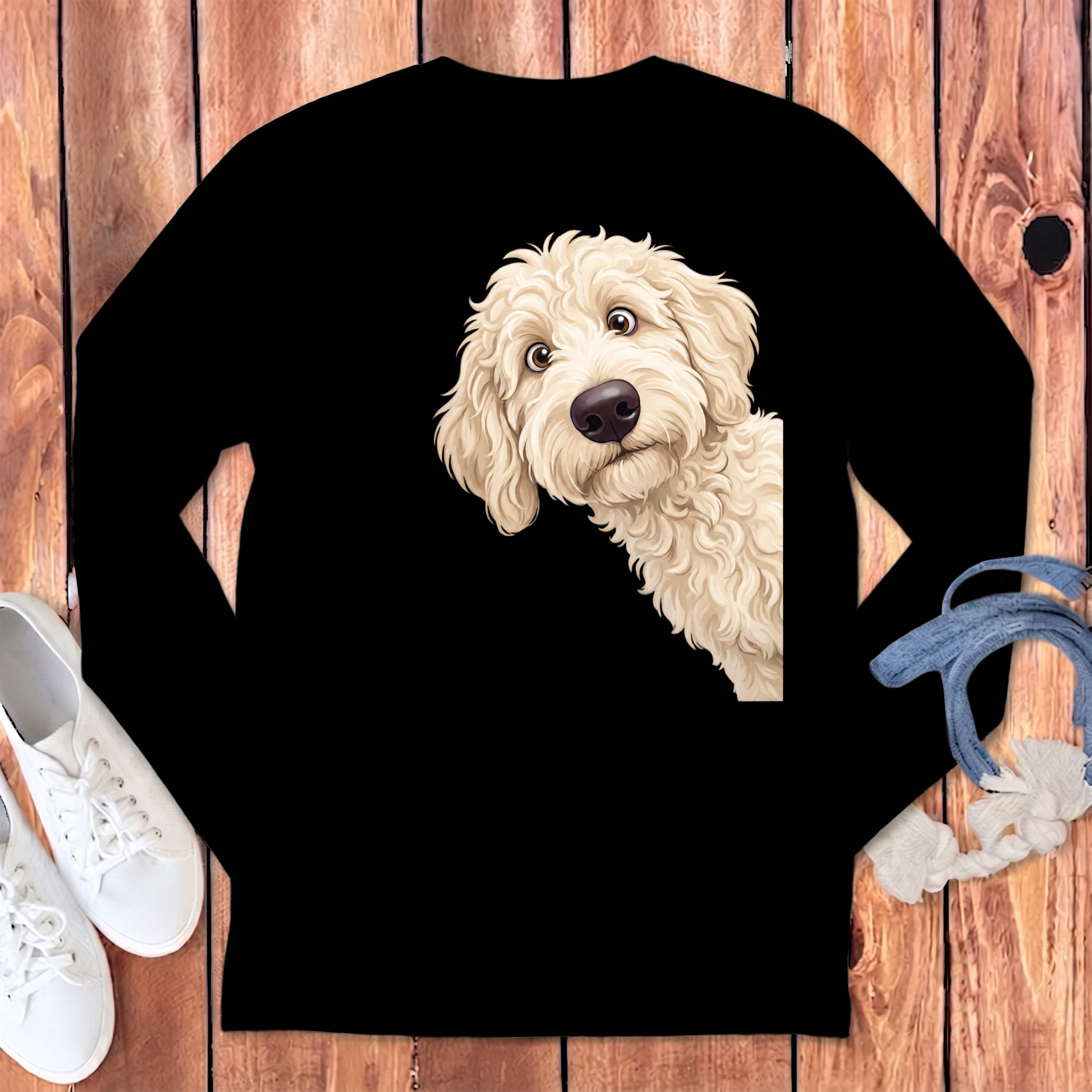 Funny Peeking Cream Goldendoodle Long Sleeve T-Shirt in Black / S by Puppy Jo