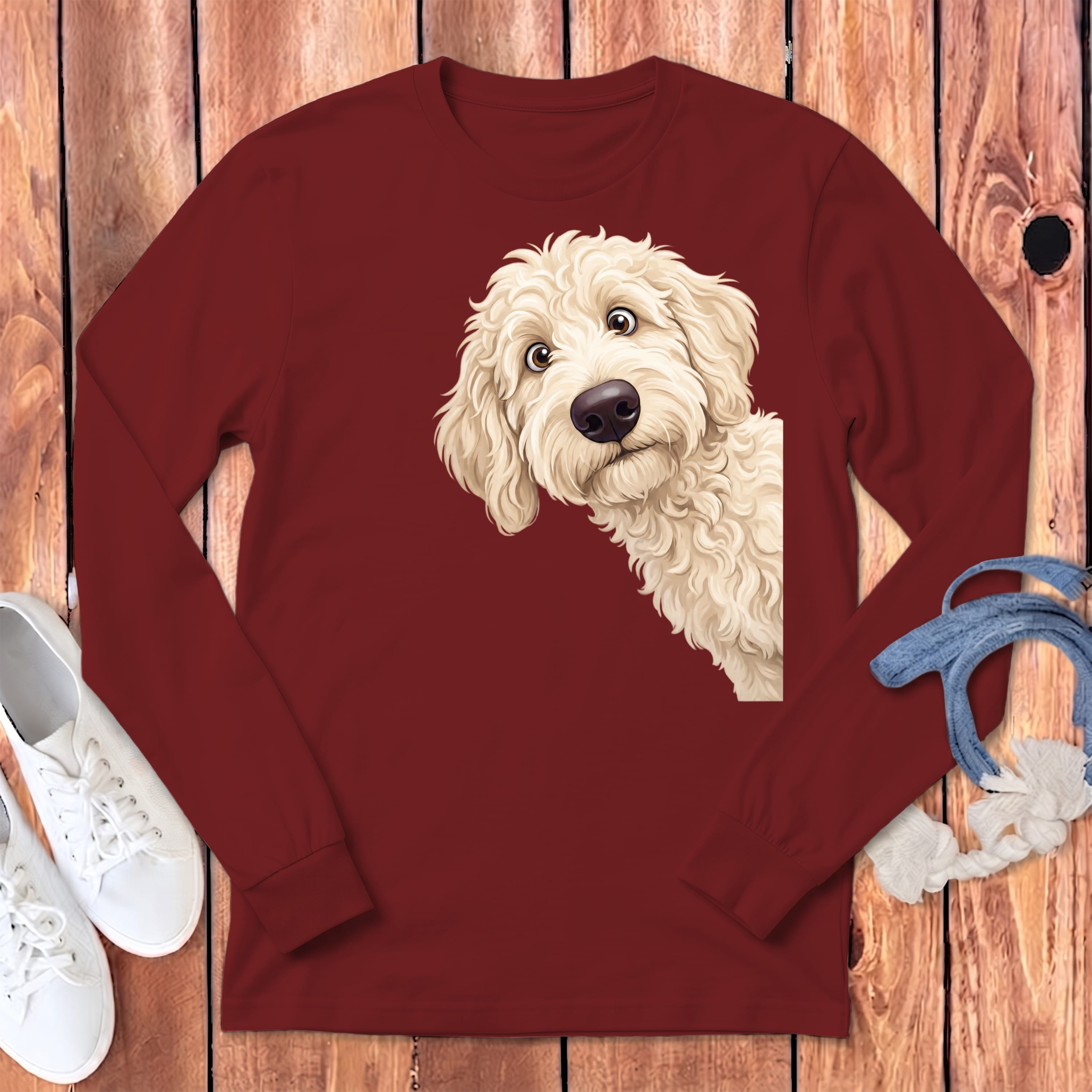 Funny Peeking Cream Goldendoodle Long Sleeve T-Shirt in Cardinal / S by Puppy Jo