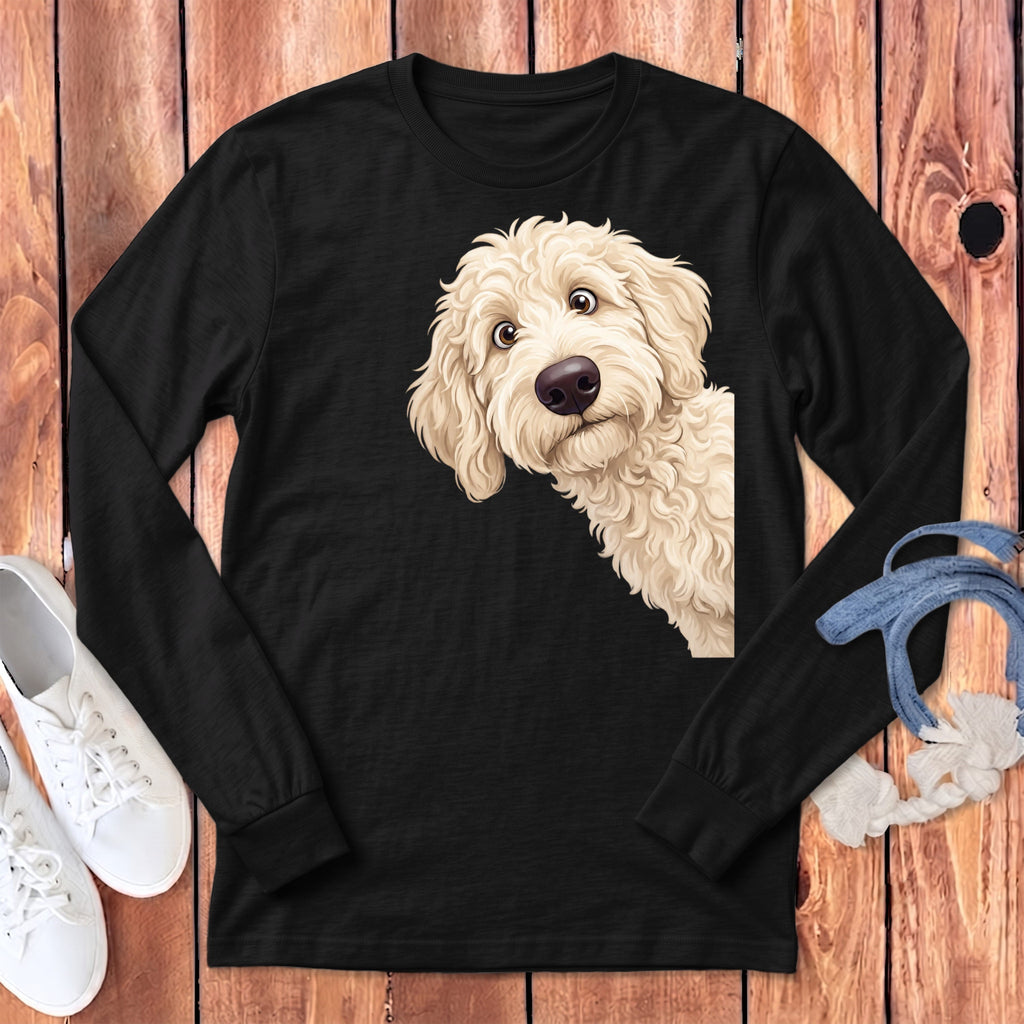 Funny Peeking Cream Goldendoodle Long Sleeve T-Shirt in Dark Grey Heather / S by Puppy Jo