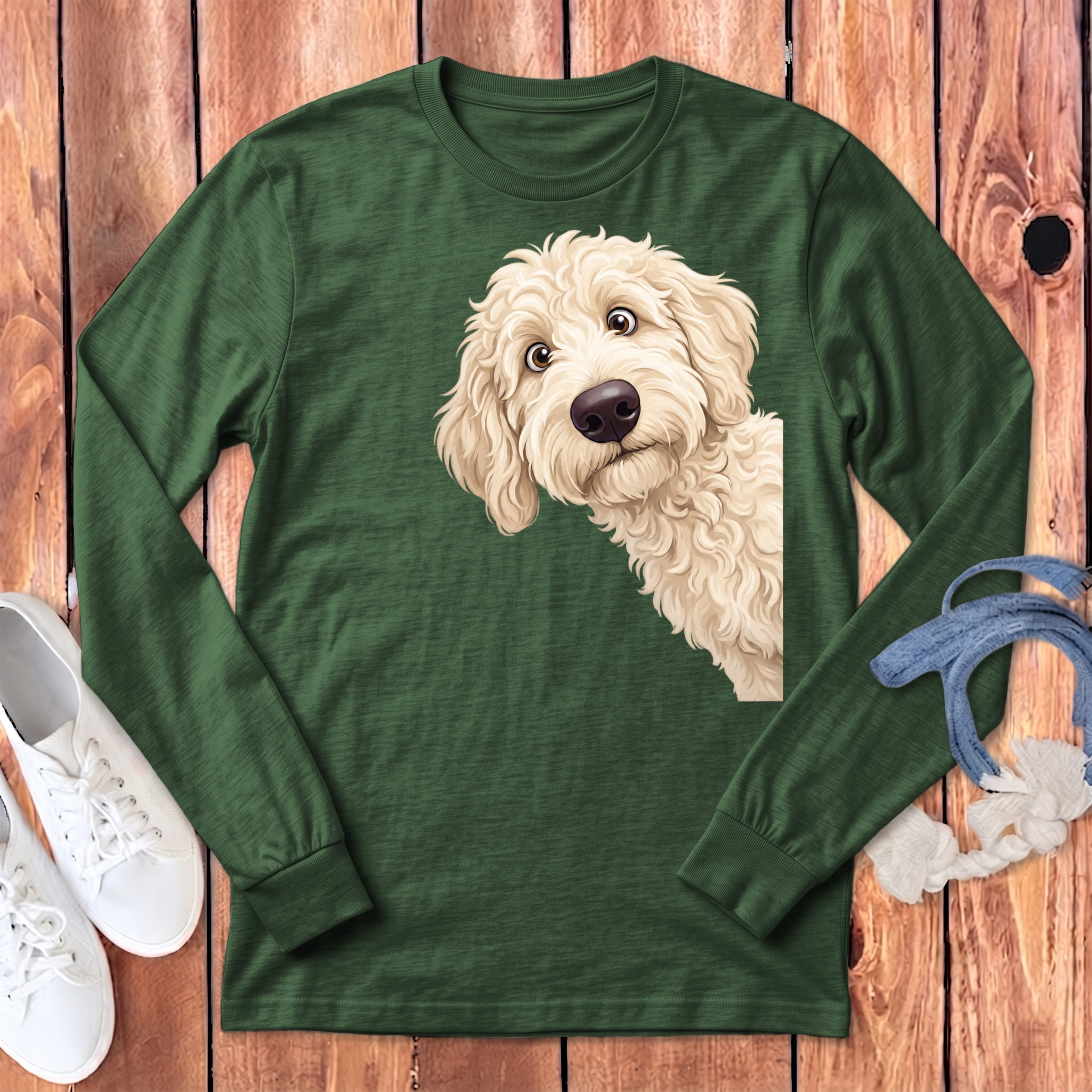 Funny Peeking Cream Goldendoodle Long Sleeve T-Shirt in Heather Forest / S by Puppy Jo