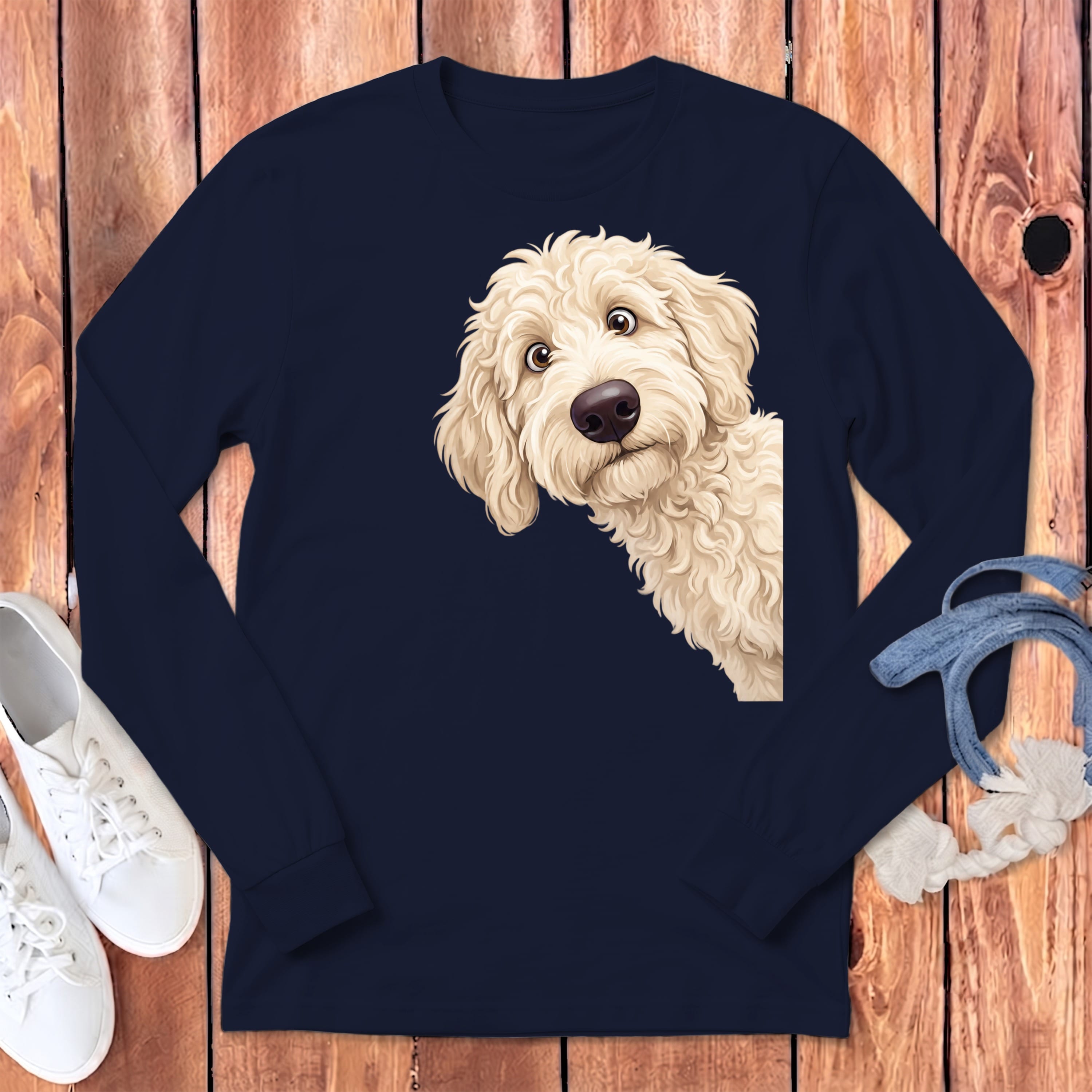 Funny Peeking Cream Goldendoodle Long Sleeve T-Shirt in Navy / S by Puppy Jo