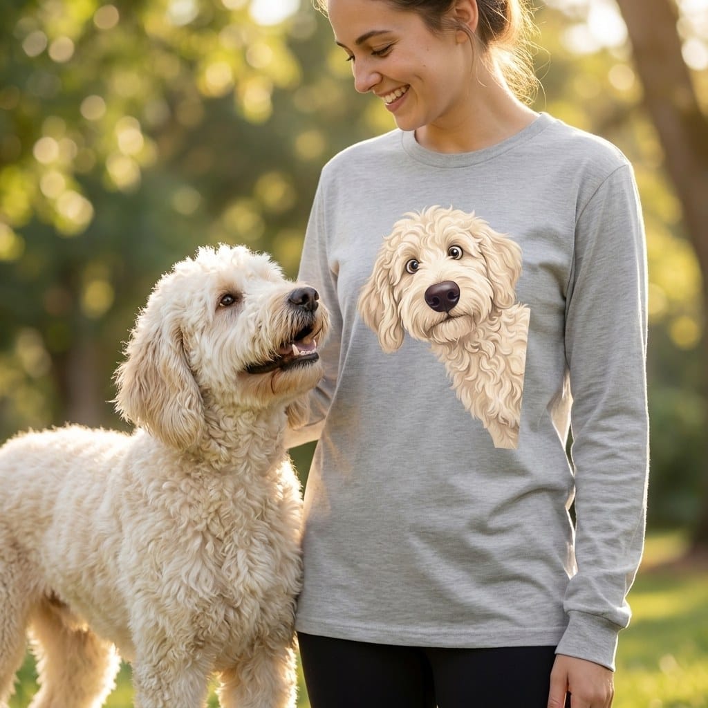 Funny Peeking Cream Goldendoodle Long Sleeve T-Shirt in by Puppy Jo