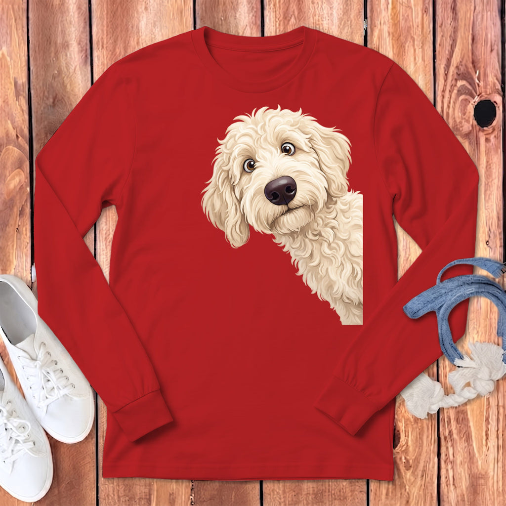 Funny Peeking Cream Goldendoodle Long Sleeve T-Shirt in Red / S by Puppy Jo