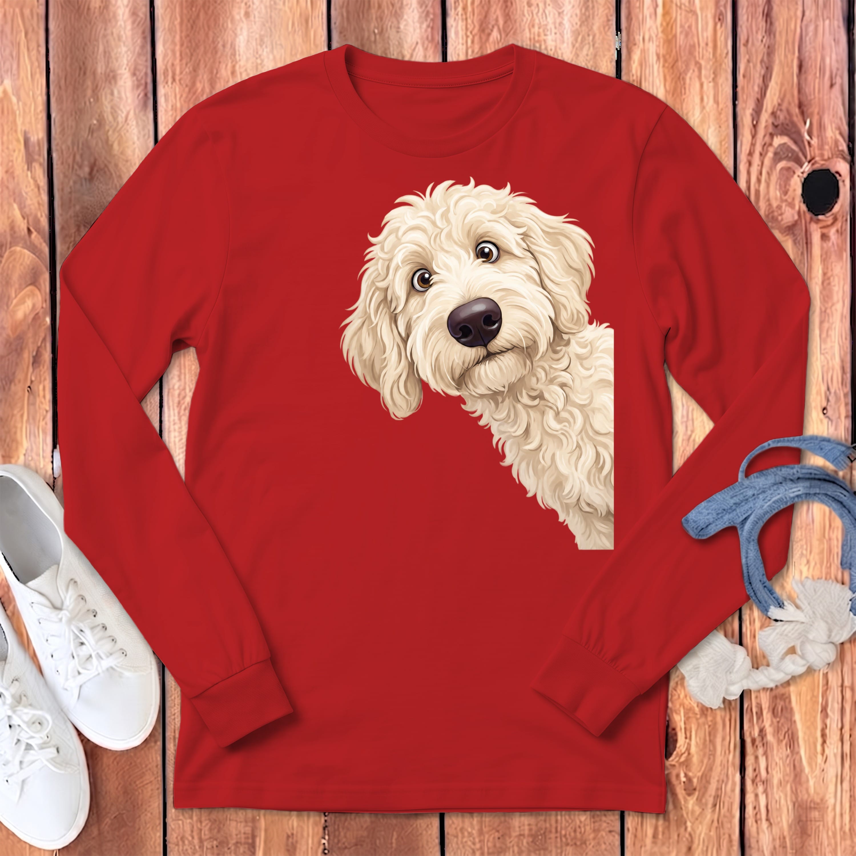 Funny Peeking Cream Goldendoodle Long Sleeve T-Shirt in Red / S by Puppy Jo