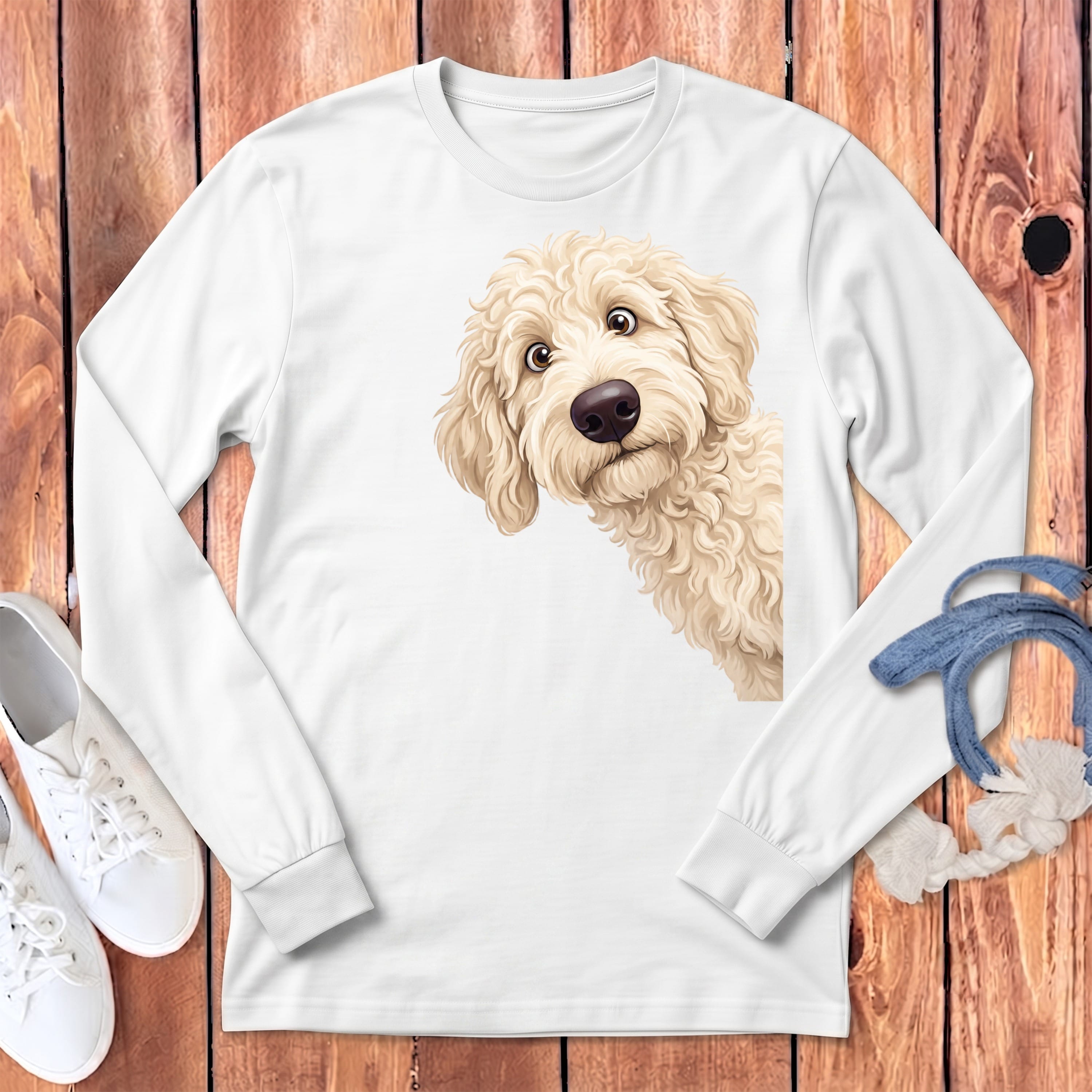 Funny Peeking Cream Goldendoodle Long Sleeve T-Shirt in White / S by Puppy Jo