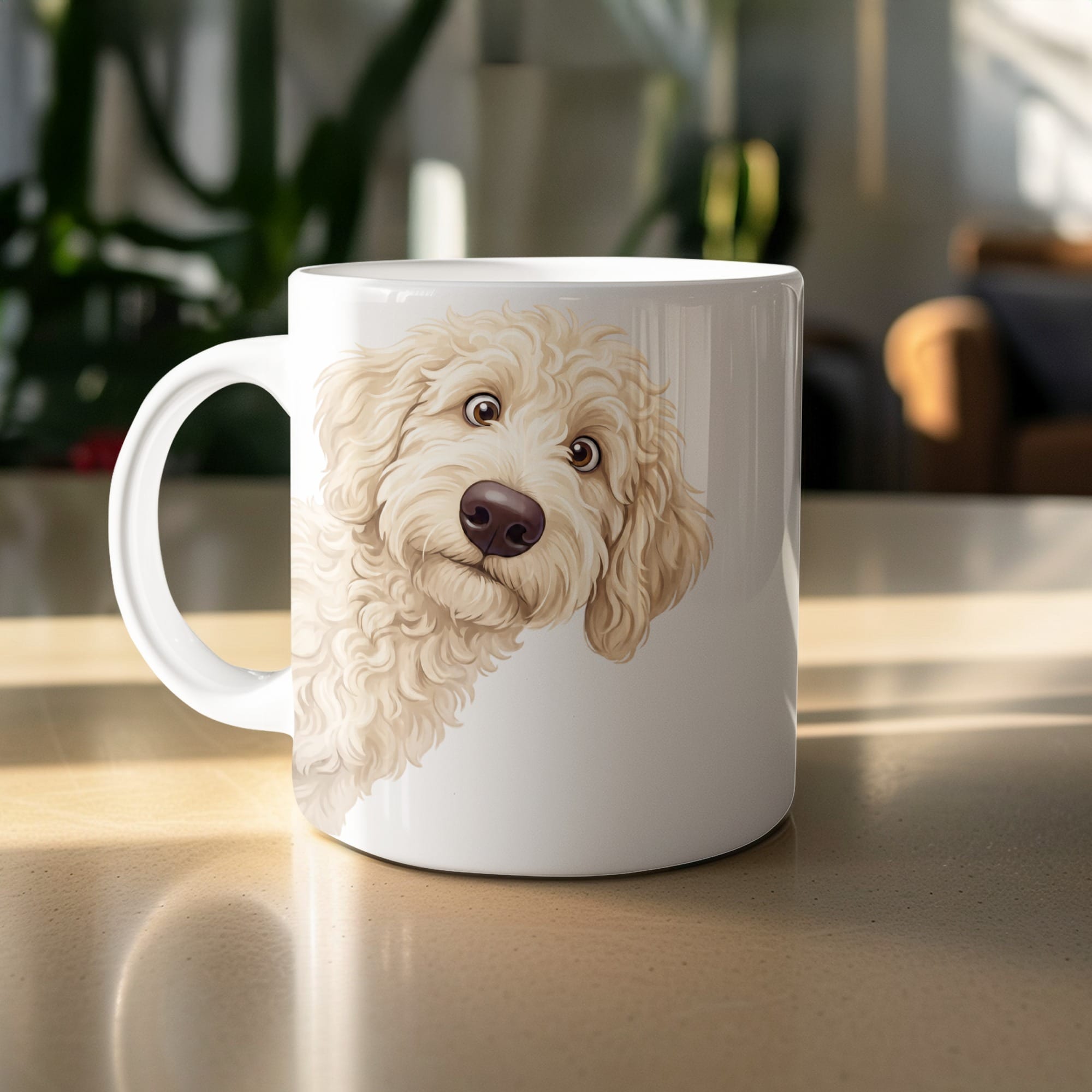 Funny Peeking Cream Goldendoodle Mug in by Puppy Jo