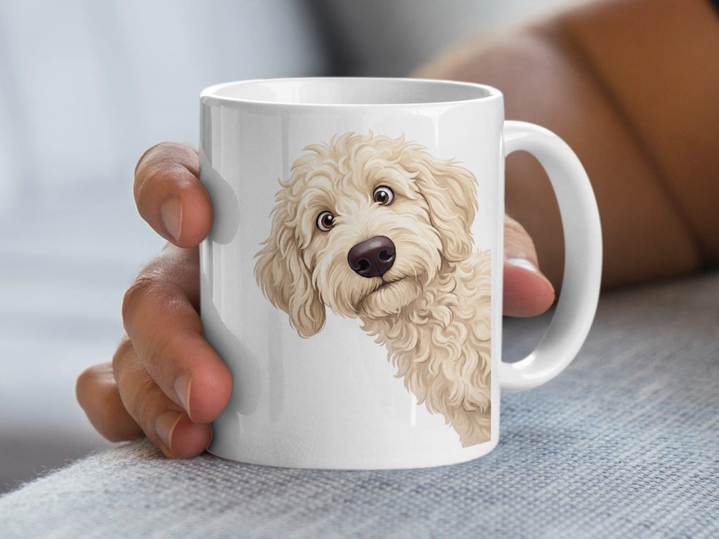 Funny Peeking Cream Goldendoodle Mug in by Puppy Jo