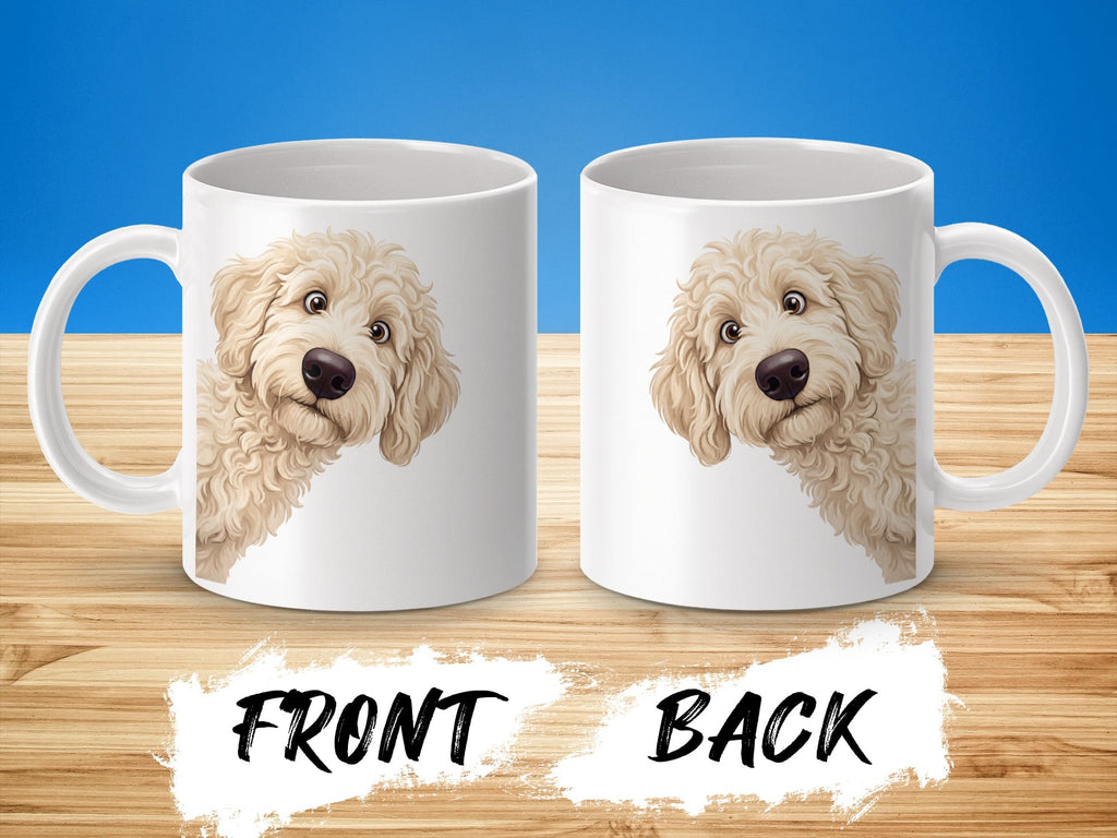 Funny Peeking Cream Goldendoodle Mug in by Puppy Jo