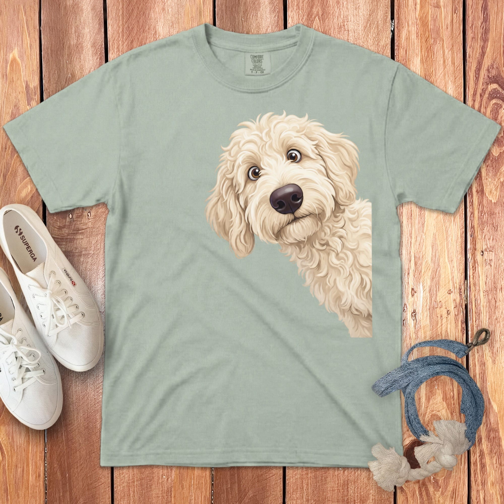 Funny Peeking Cream Goldendoodle Signature T-Shirt in Bay / S by Puppy Jo