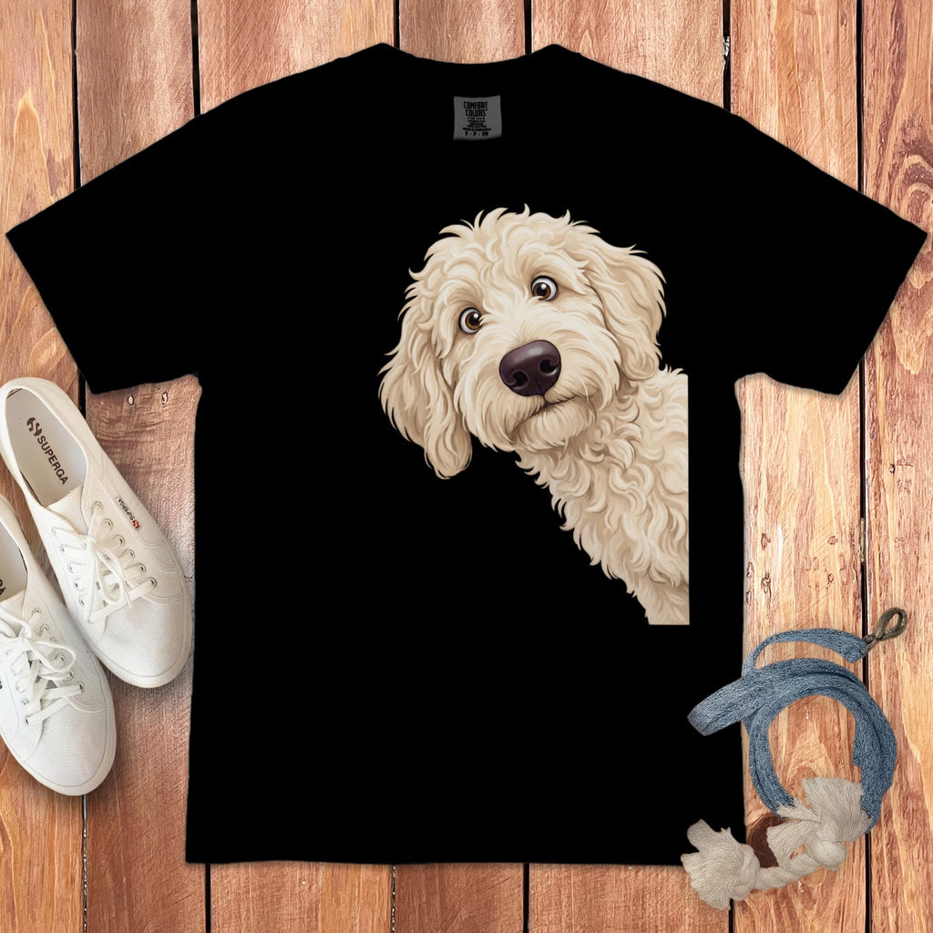 Funny Peeking Cream Goldendoodle Signature T-Shirt in Black / S by Puppy Jo