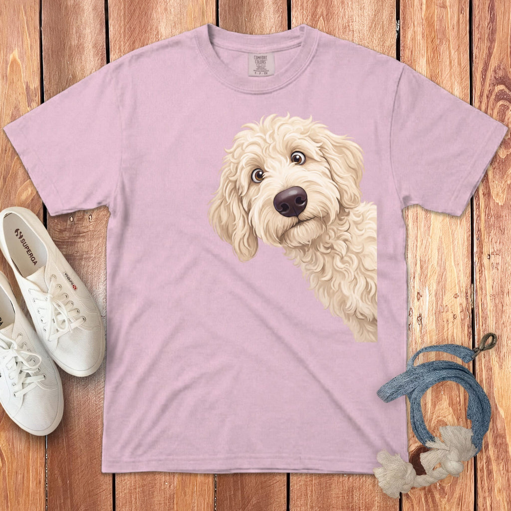 Funny Peeking Cream Goldendoodle Signature T-Shirt in Blossom / S by Puppy Jo