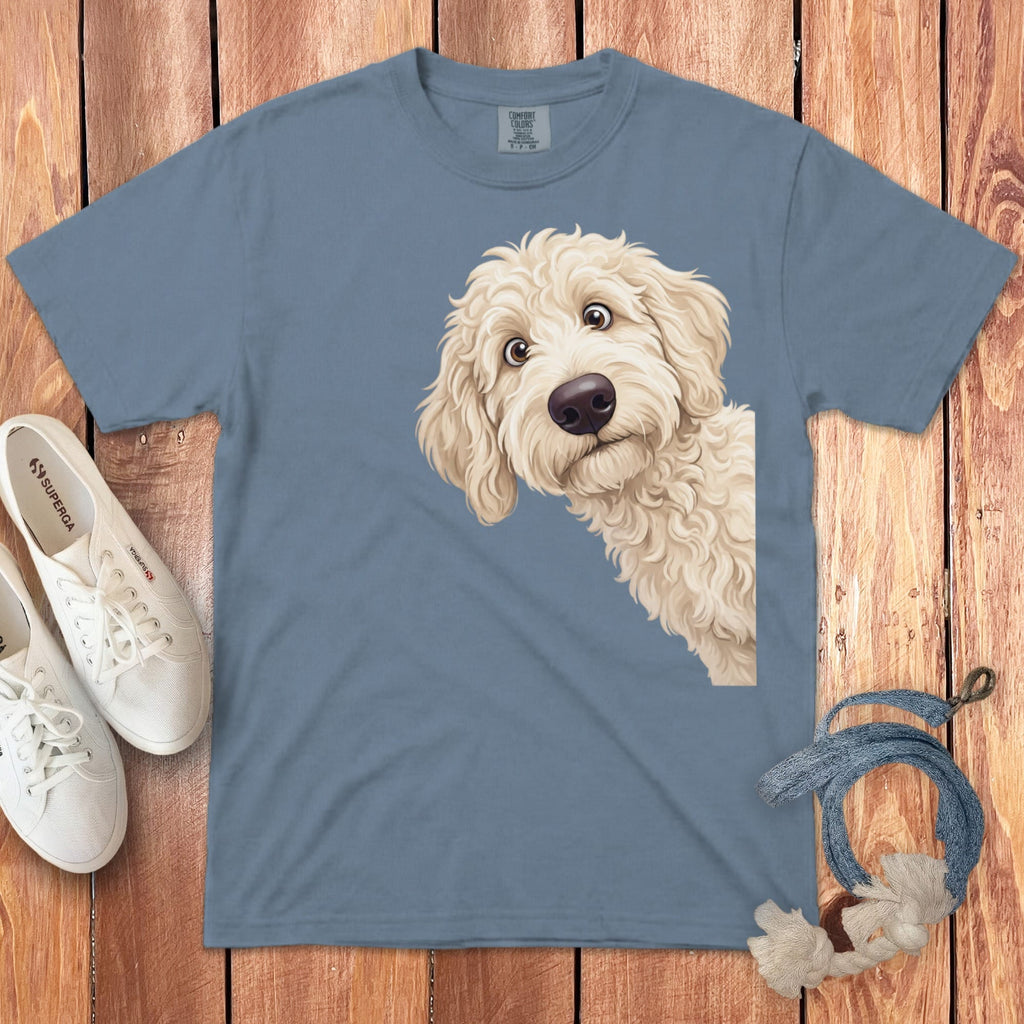 Funny Peeking Cream Goldendoodle Signature T-Shirt in Blue Jean / S by Puppy Jo