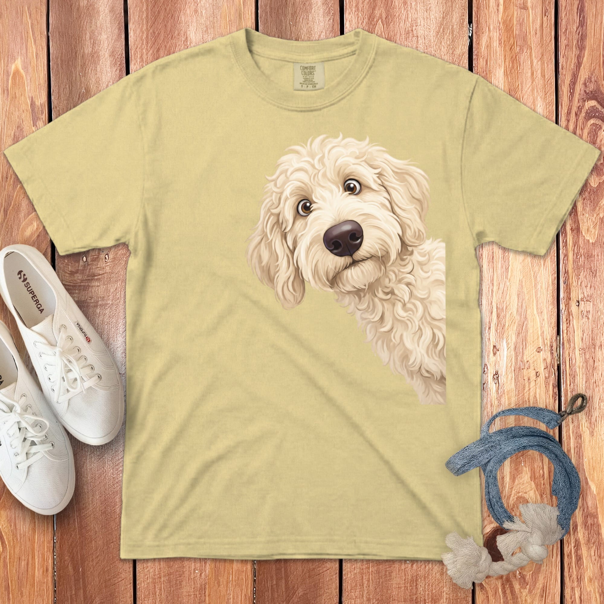 Funny Peeking Cream Goldendoodle Signature T-Shirt in Butter / S by Puppy Jo