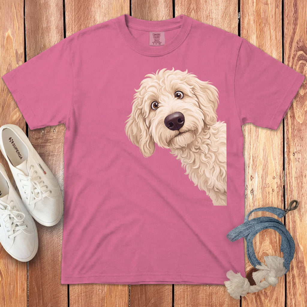Funny Peeking Cream Goldendoodle Signature T-Shirt in Crunchberry / S by Puppy Jo