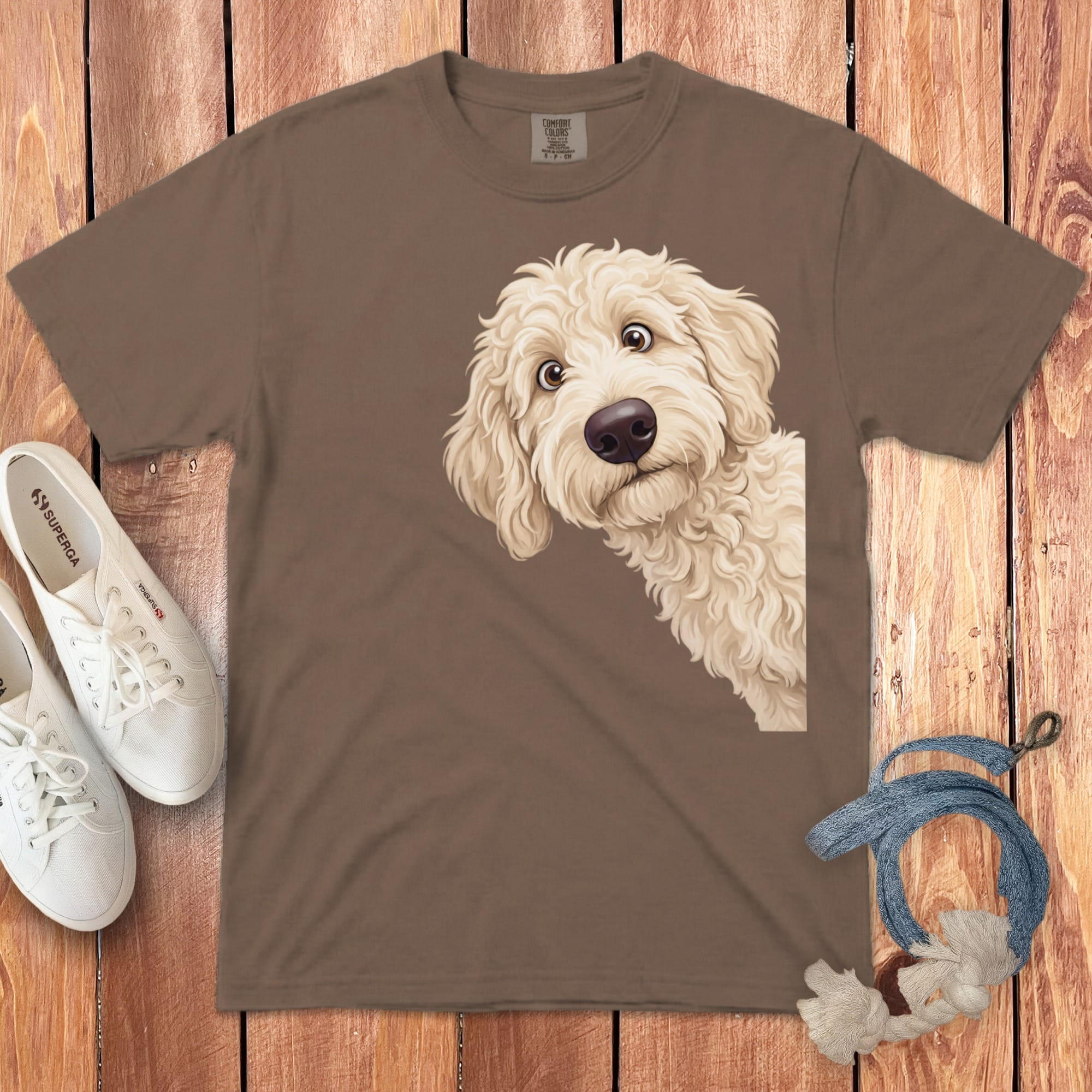 Funny Peeking Cream Goldendoodle Signature T-Shirt in Espresso / S by Puppy Jo