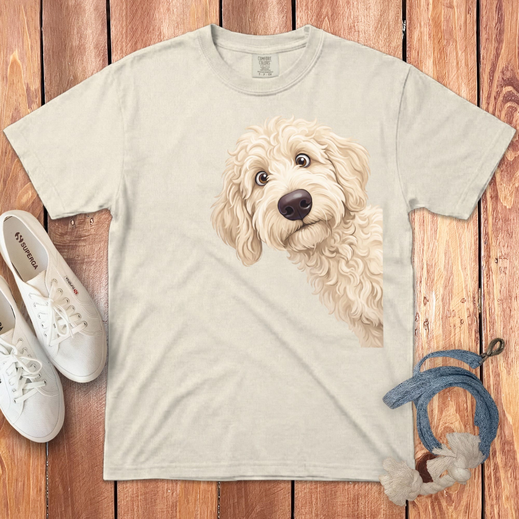 Funny Peeking Cream Goldendoodle Signature T-Shirt in Ivory / S by Puppy Jo
