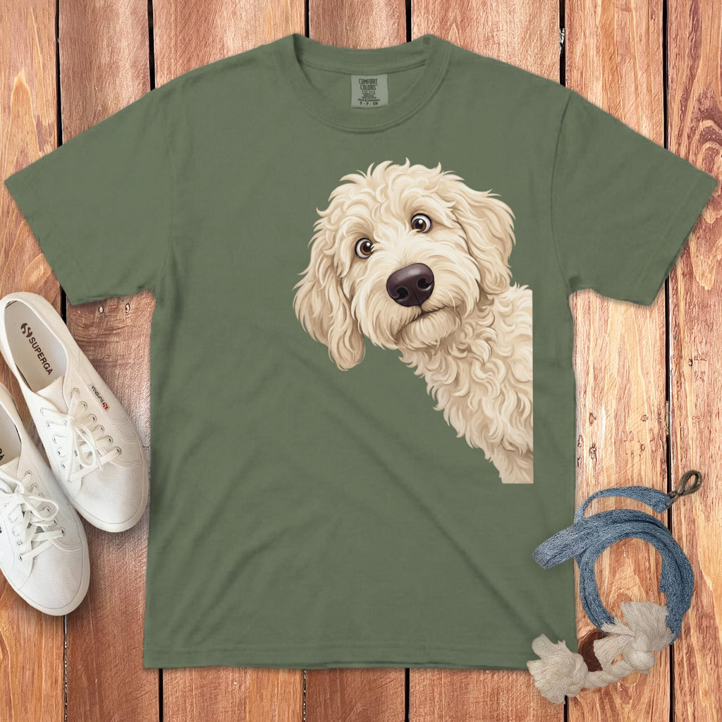 Funny Peeking Cream Goldendoodle Signature T-Shirt in Moss / S by Puppy Jo