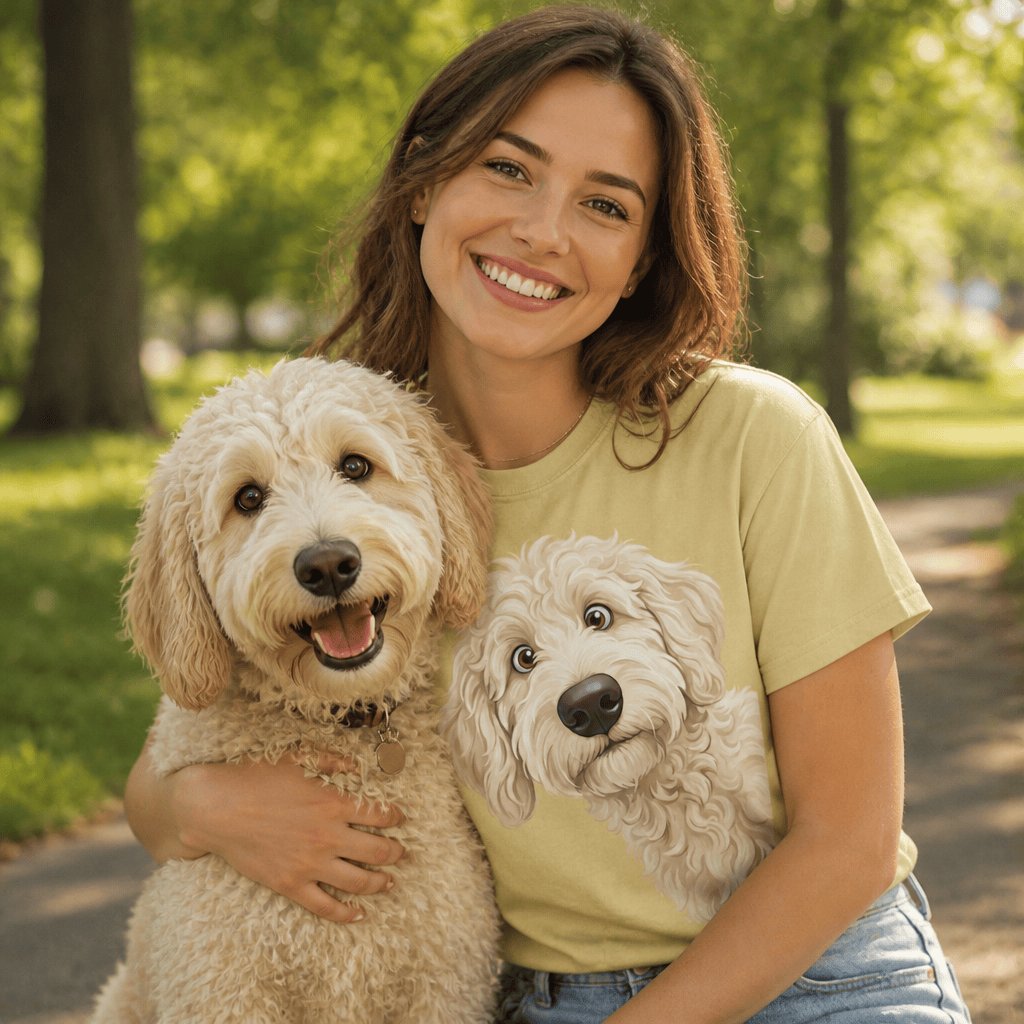 Funny Peeking Cream Goldendoodle Signature T-Shirt in by Puppy Jo