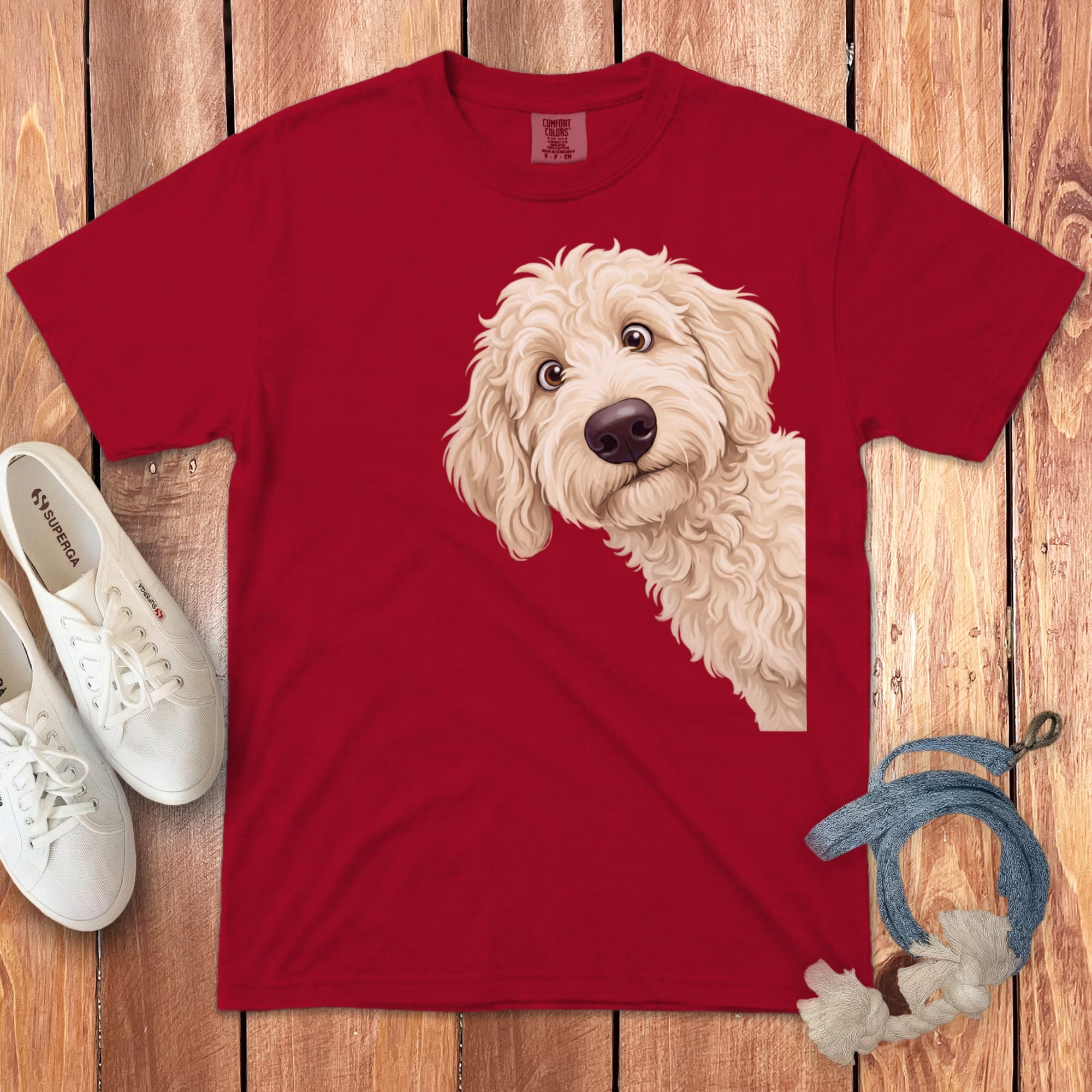 Funny Peeking Cream Goldendoodle Signature T-Shirt in Red / S by Puppy Jo